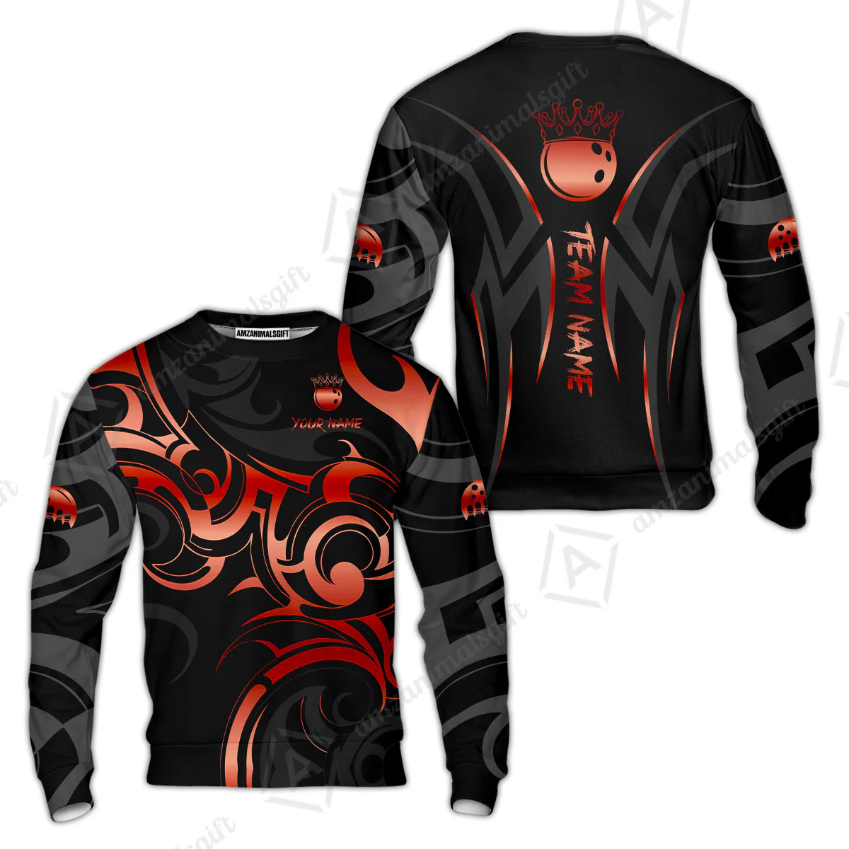 Customized Bowling Team Sweatshirt, Bowling Swirling Fire Flames Gold And Black Style Polo Shirt For Bowlers - Image 3