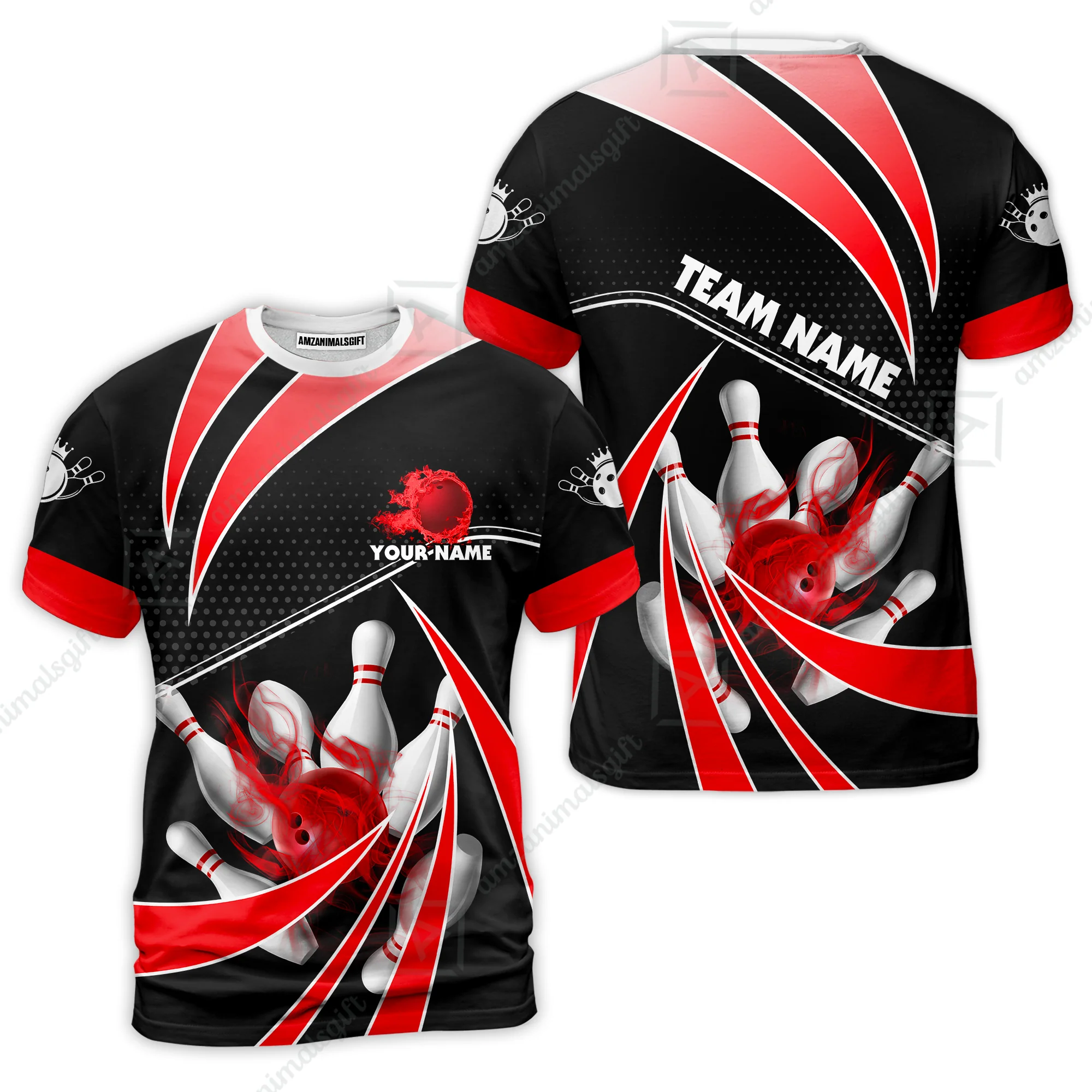 Customized Bowling Team T-Shirt, Bowling Ball & Pins Fire Light Sport T-Shirt Multicolor Option For Bowlers