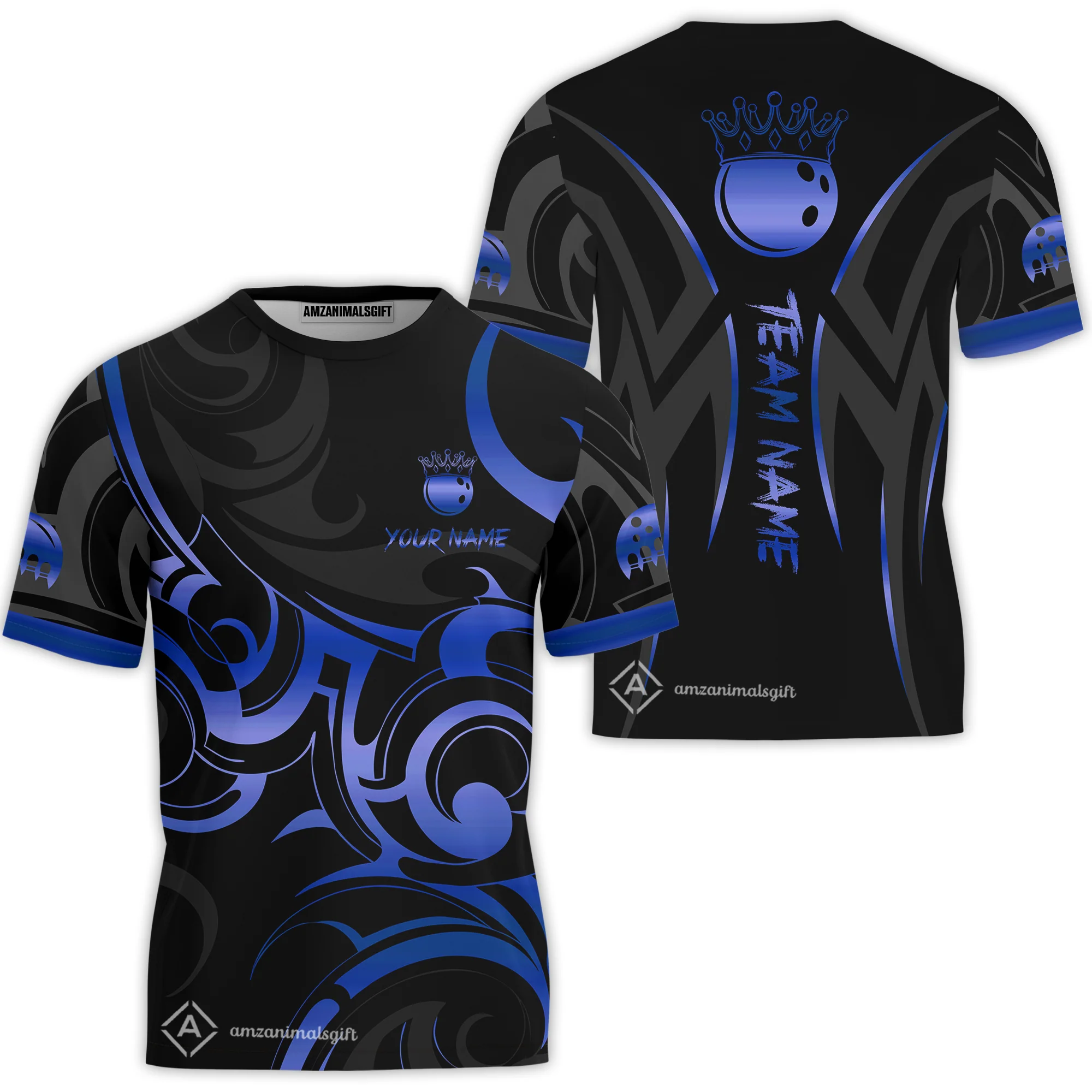 Customized Bowling Team T-Shirt, Bowling Swirling Fire Flames Gold And Black Style T-Shirt For Bowlers - Image 3