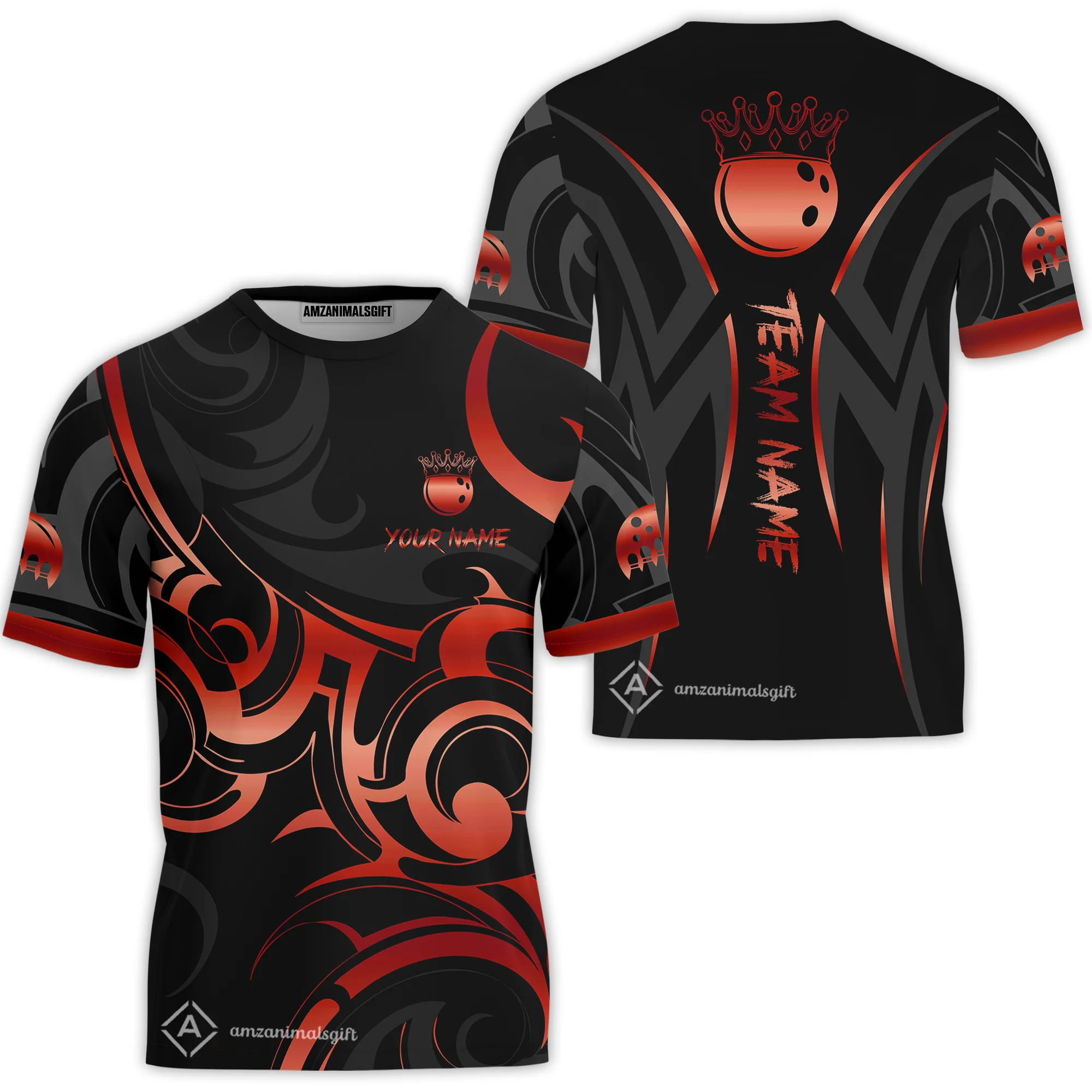 Customized Bowling Team T-Shirt, Bowling Swirling Fire Flames Gold And Black Style T-Shirt For Bowlers - Image 4