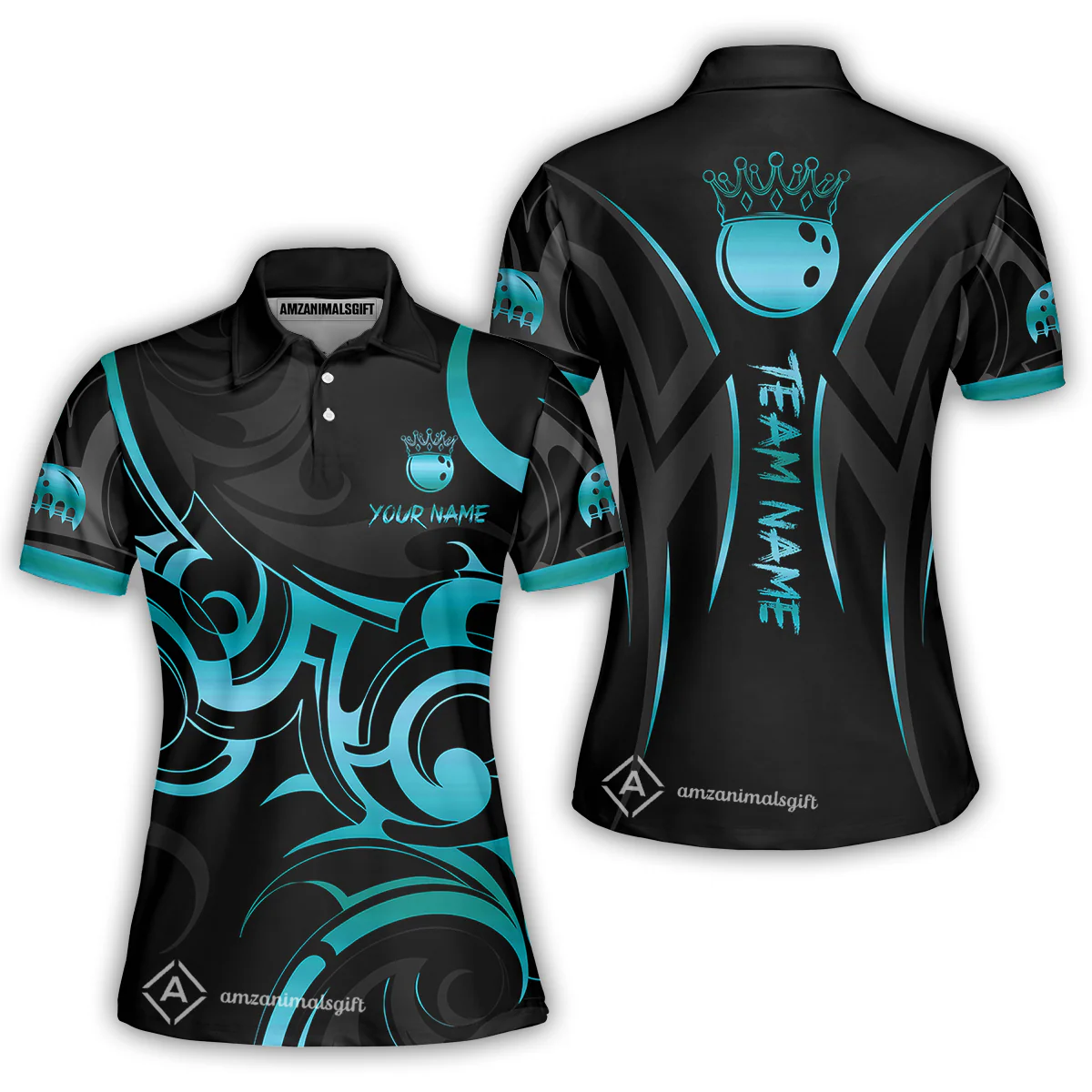 Customized Bowling Team Women Polo Shirt, Bowling Swirling Fire Flames Gold And Black Style Polo Shirt For Bowlers - Image 3