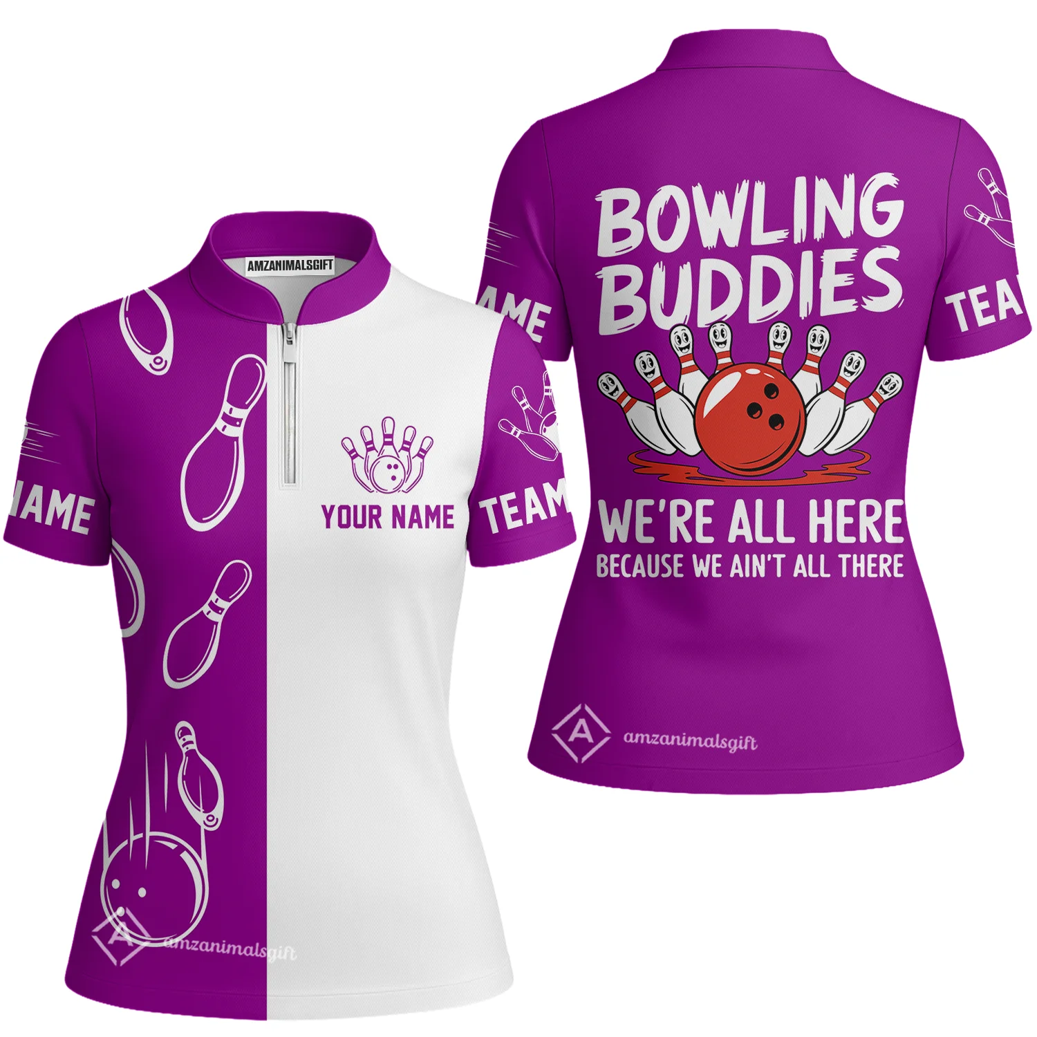 Customized Bowling Team Women's Jersey Shirt, Bowling Buddies We're All Here Because We Ain't All There Personalized Name Women Jersey For Bowlers - Image 3