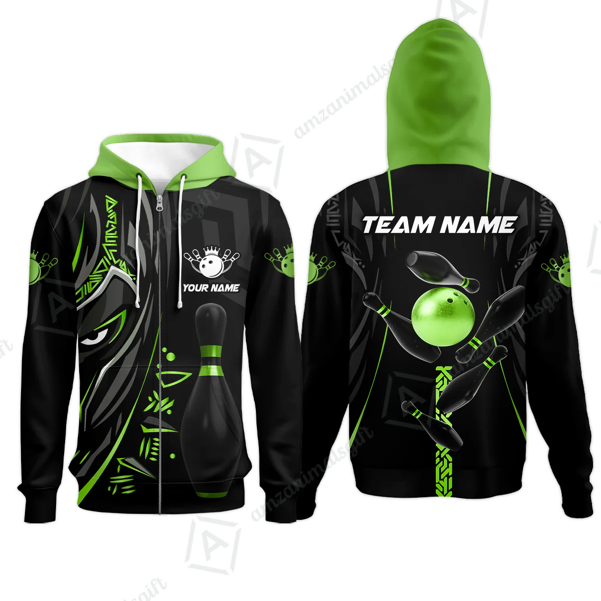 Customized Bowling Team Zip Hoodie Bowling Ball & Pins Black Panther, Personalized Name Multicolor Shirt For Bowlers - Image 2