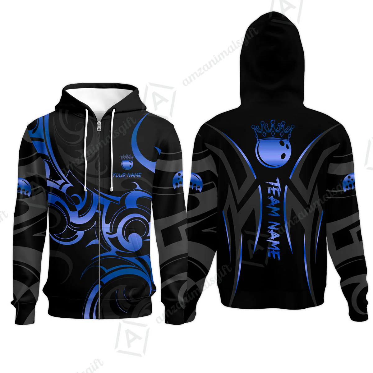 Customized Bowling Team Zip Hoodie, Bowling Swirling Fire Flames Gold And Black Style Polo Shirt For Bowlers - Image 3
