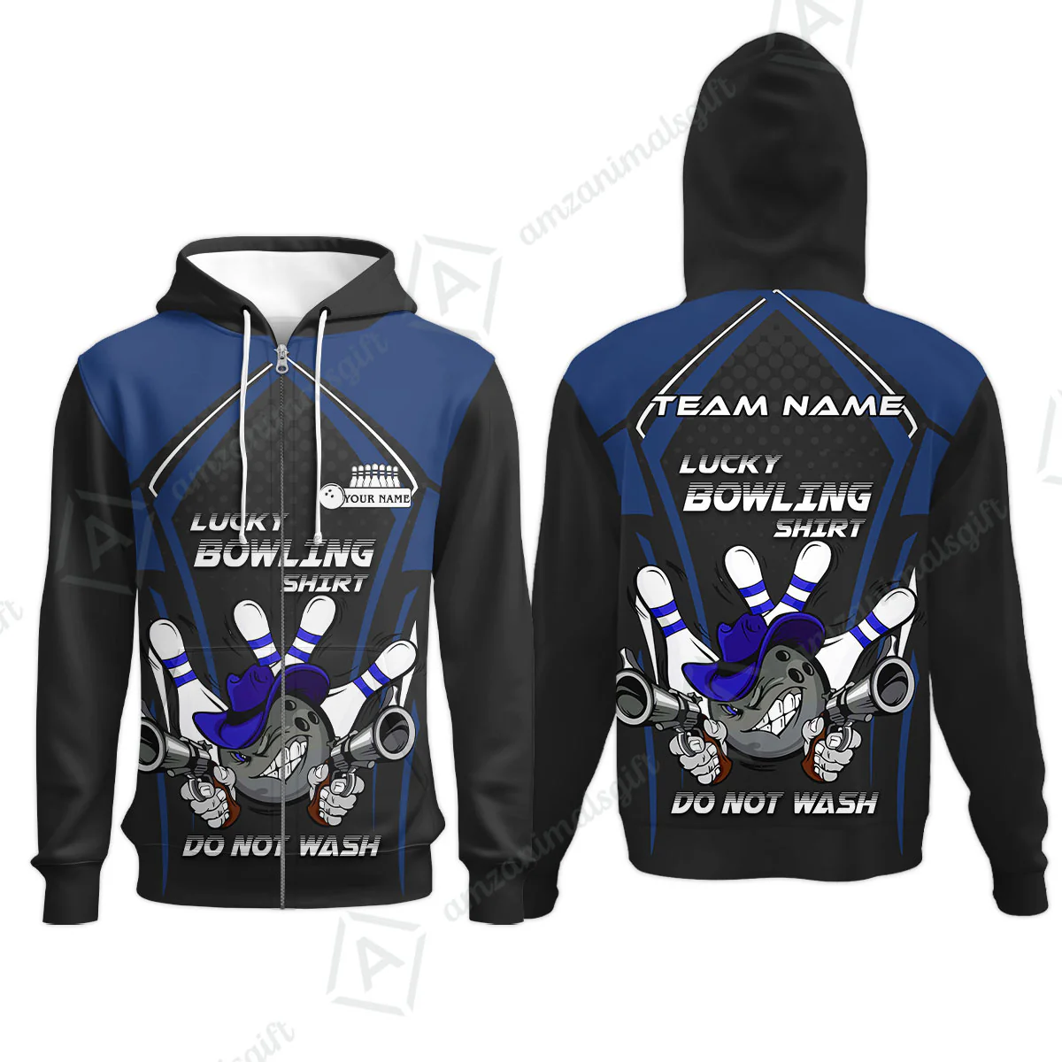 Customized Bowling Team Zip Hoodie, Lucky Bowling Shirt Do Not Wash Bowling Ball Aiming Guns, Personalized Name Bowling Shirt