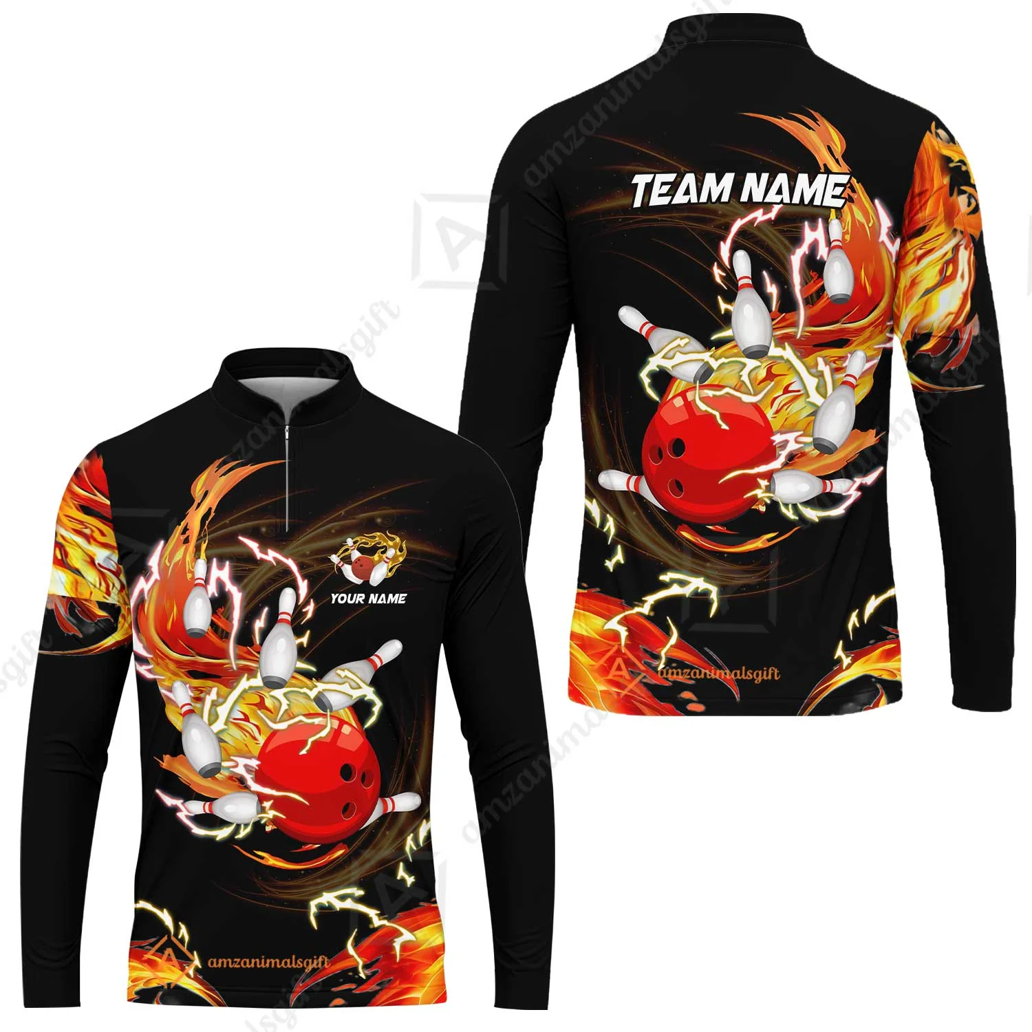 Customized Bowling Thunder Flame Long Sleeve Jersey, Bowling Ball & Pins Breath Of Thunder Flame Multicolor Option, Perfect Outfit For Bowlers - Image 3