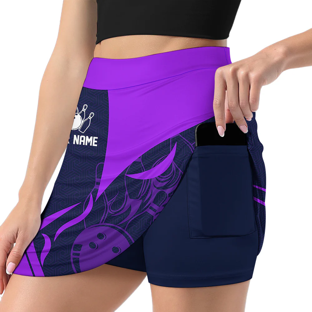 Customized Bowling Trouser Skirts With Shorts Underneath, Flame Bowling Multicolor Skorts With Pockets - Image 9