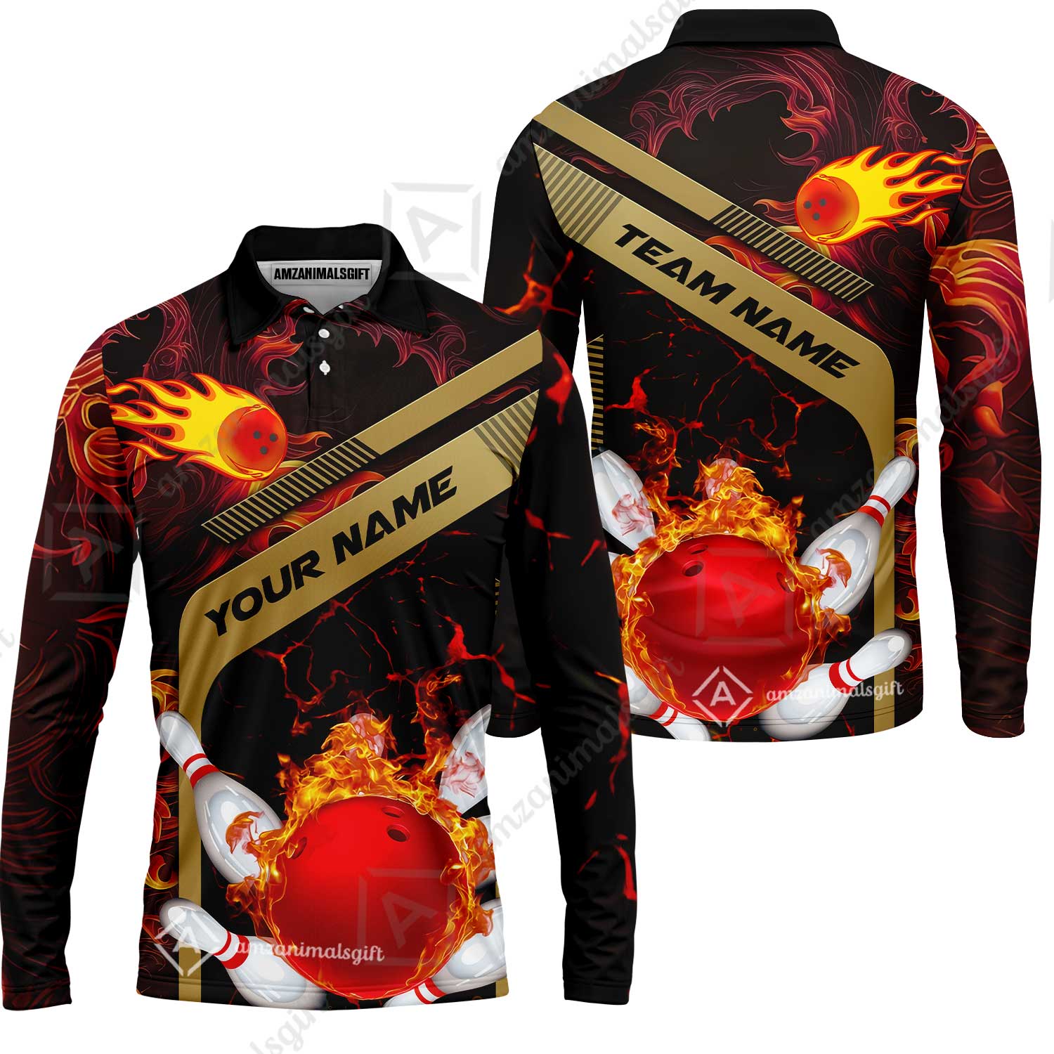 Customized Bowling Unisex Long Sleeve Polo Shirt , Bowling In Flaming With Magma Pattern Long Sleeve Polo Shirt  Uniform For Bowlers