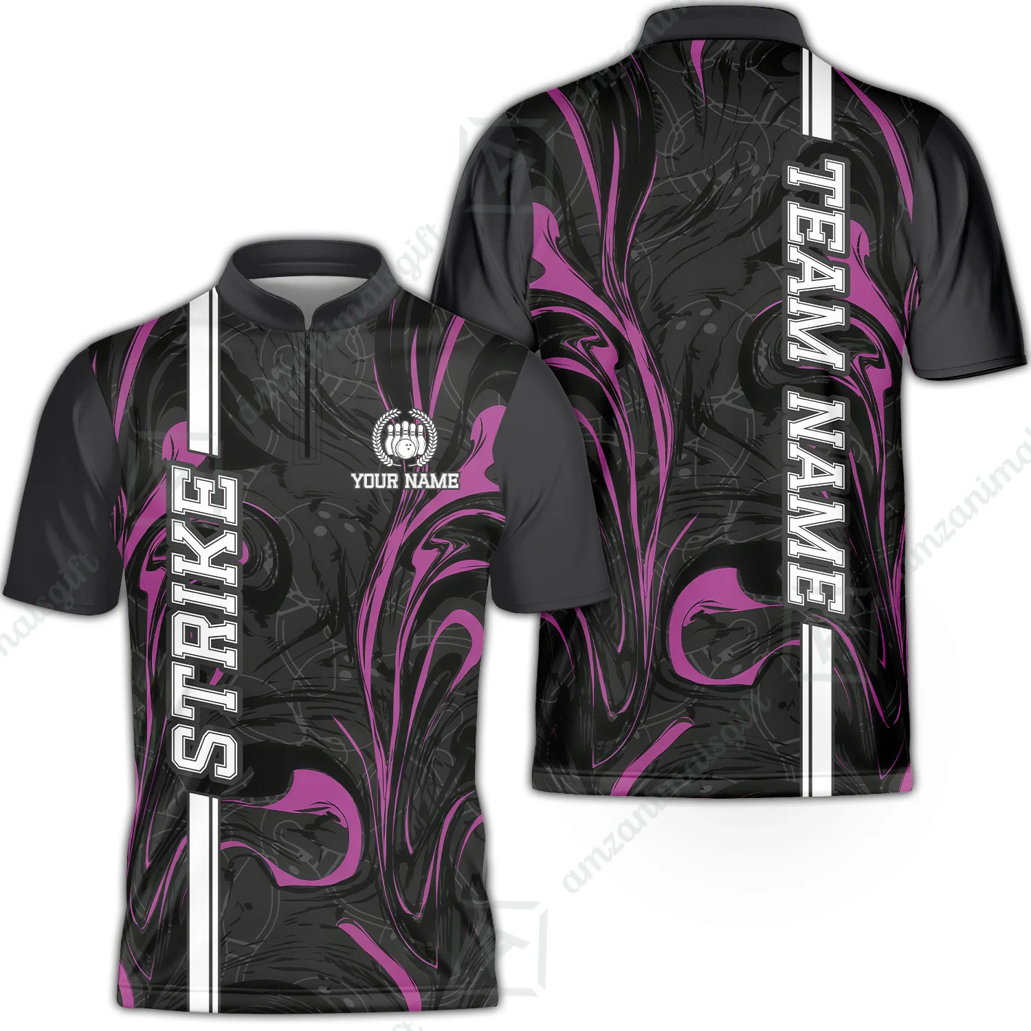 Customized Bowling Unisex Polo Shirt, Bowling Black And Pink Marble Art, Bowling Uniform - Personalized Name And Team Name - Image 3