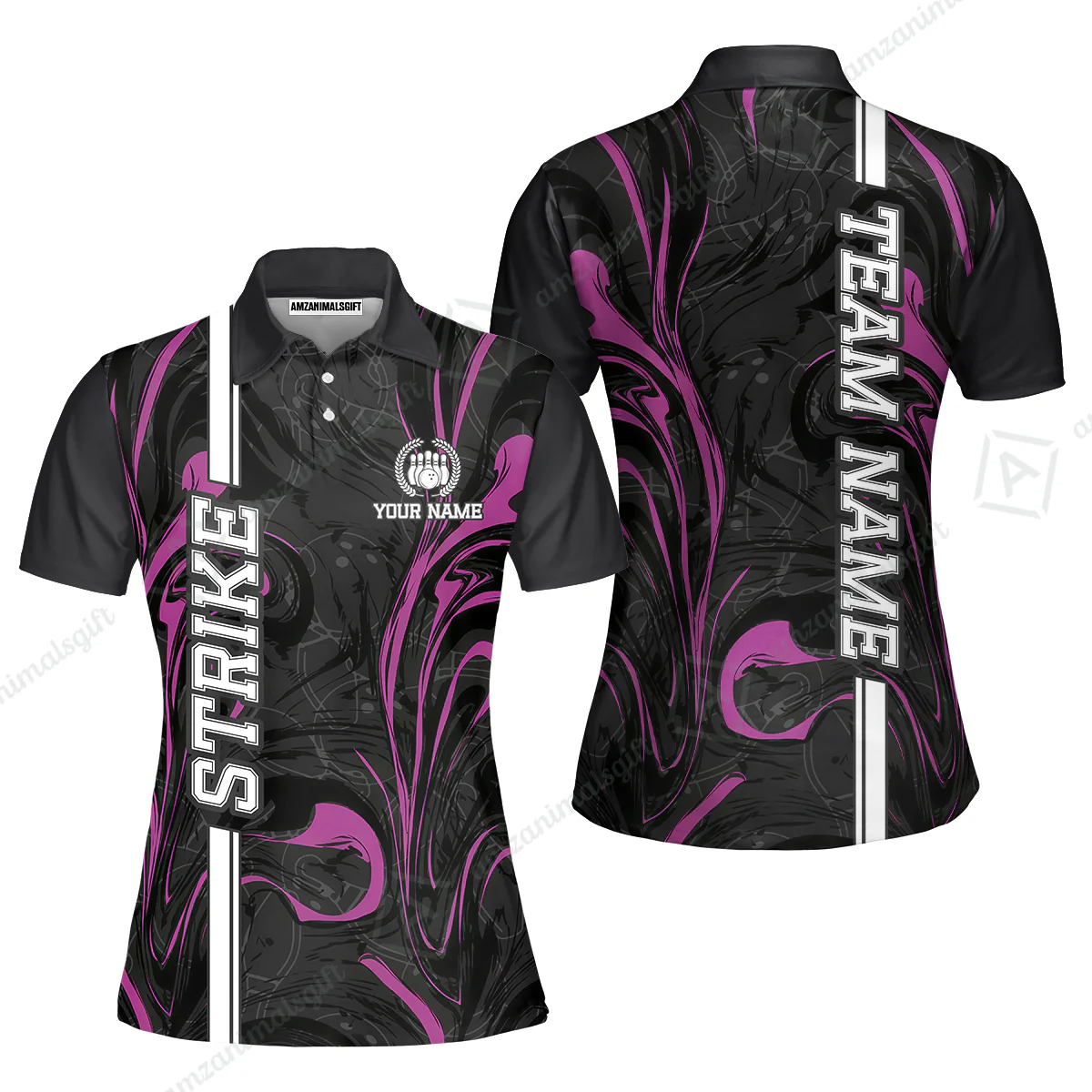 Customized Bowling Unisex Polo Shirt, Bowling Black And Pink Marble Art, Bowling Uniform - Personalized Name And Team Name - Image 4