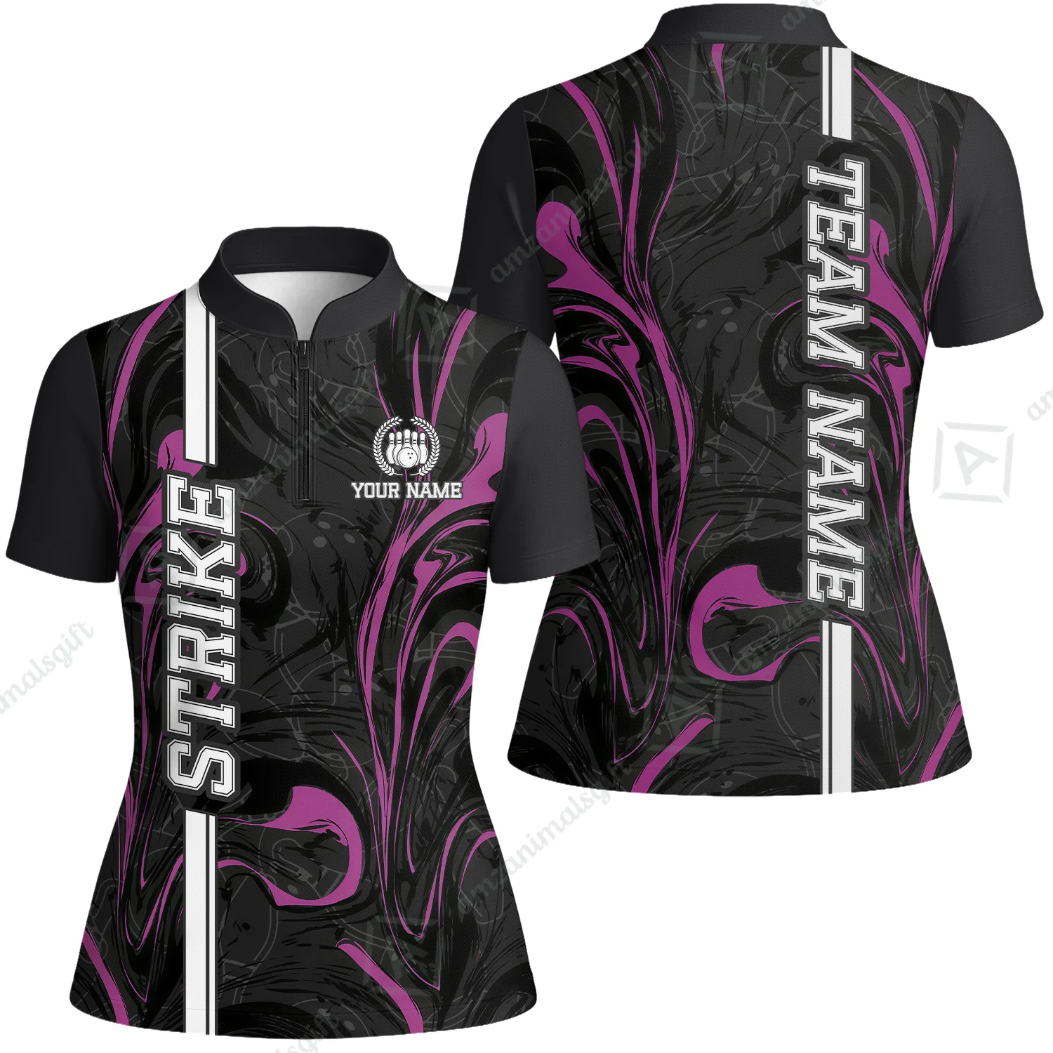 Customized Bowling Unisex Polo Shirt, Bowling Black And Pink Marble Art, Bowling Uniform - Personalized Name And Team Name - Image 9