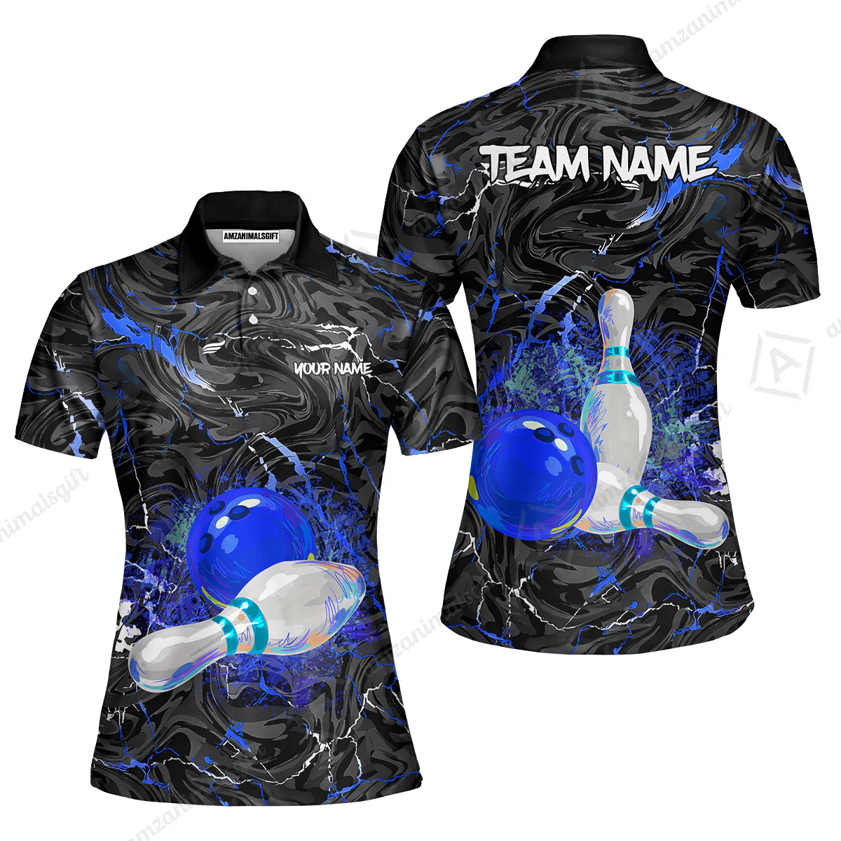 Customized Bowling Unisex Polo Shirt, Swirling Marbled Pattern Vibrant Veins, Bowling Uniforms, Personalized Name And Team Name - Image 16