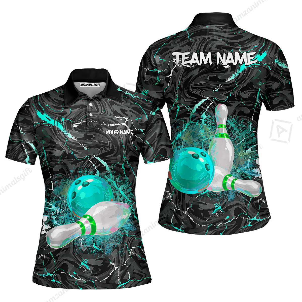 Customized Bowling Unisex Polo Shirt, Swirling Marbled Pattern Vibrant Veins, Bowling Uniforms, Personalized Name And Team Name - Image 17