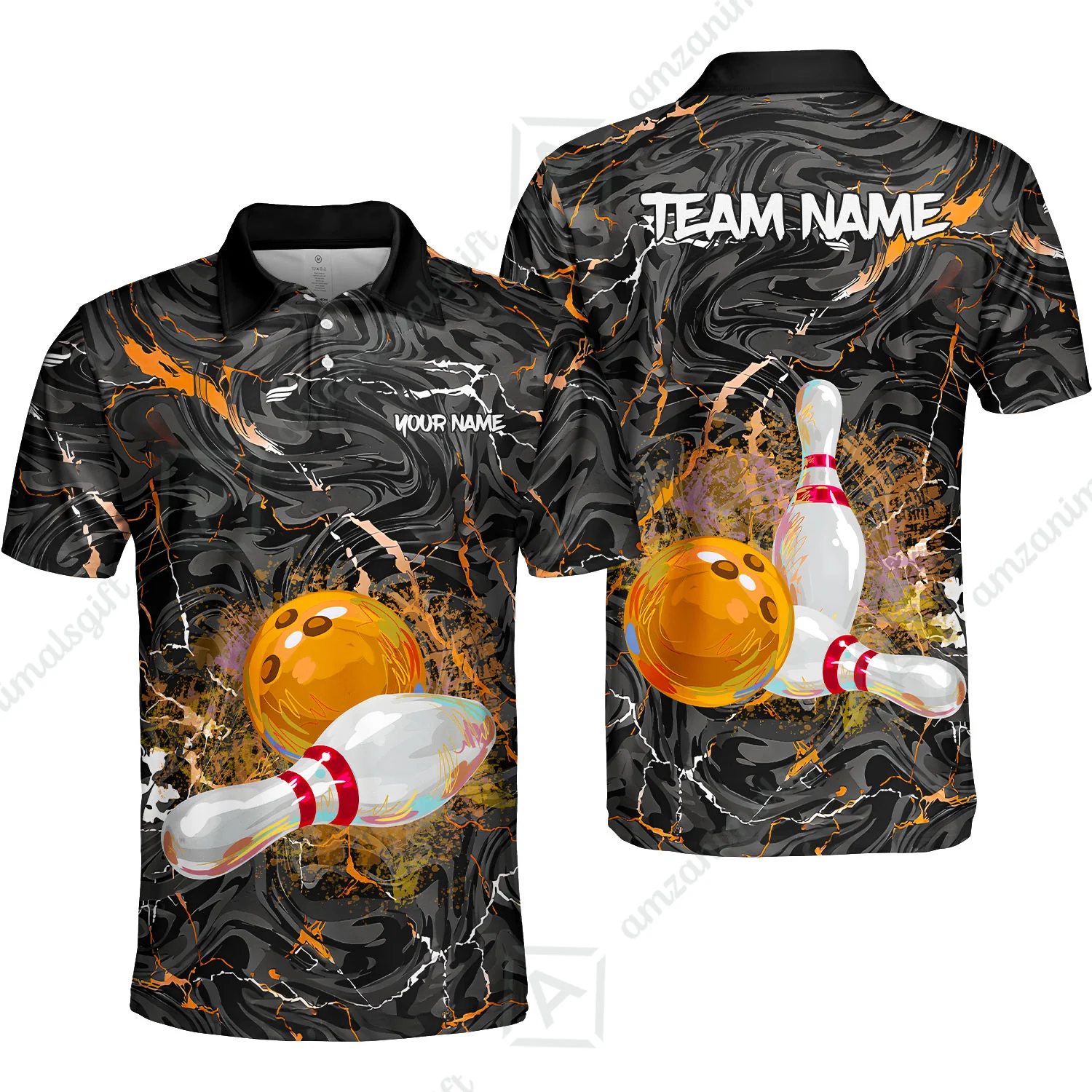 Customized Bowling Unisex Polo Shirt, Swirling Marbled Pattern Vibrant Veins, Bowling Uniforms, Personalized Name And Team Name - Image 3