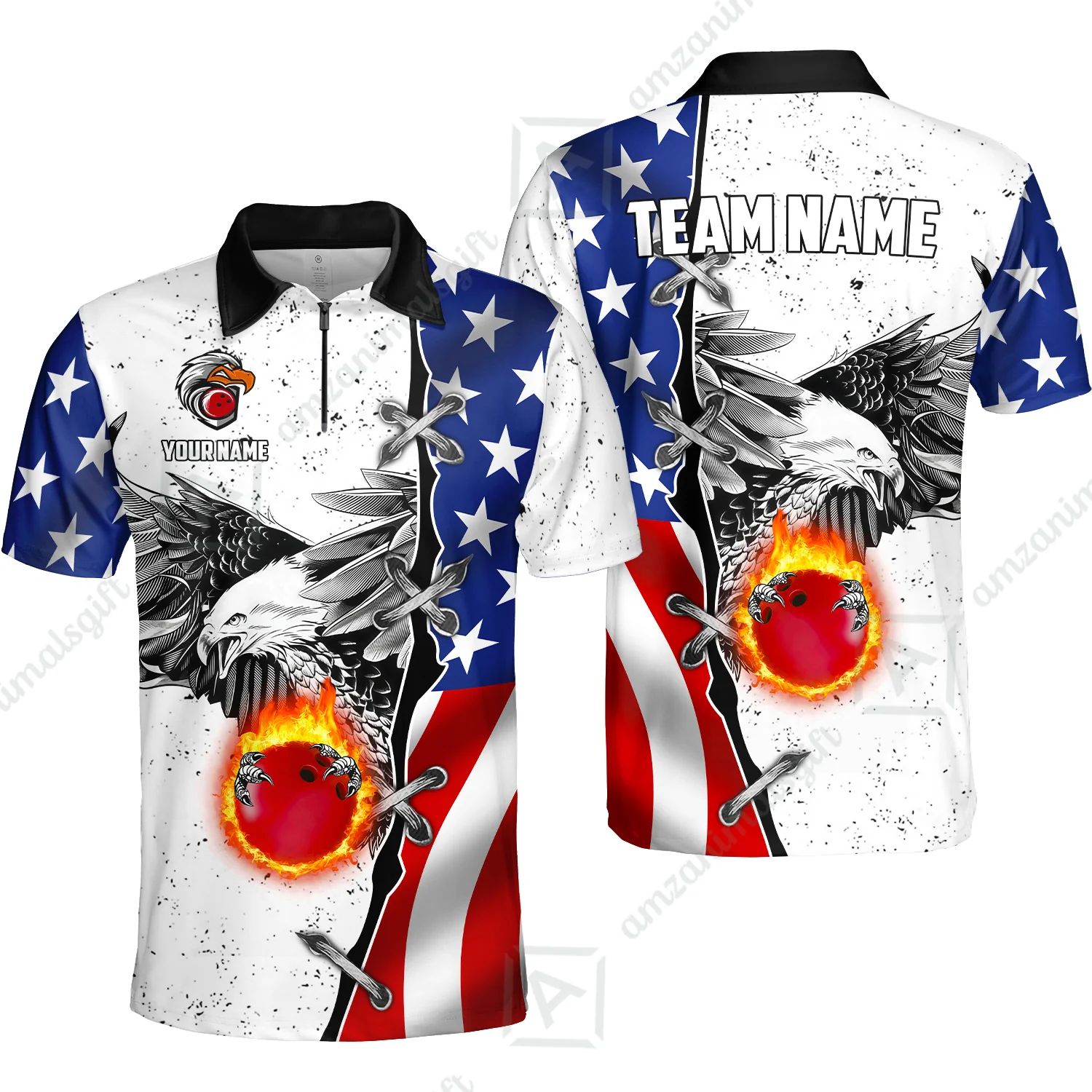 Customized Bowling Unisex Polo Shirt, US Flag White Eagle Flame Pin Dust Pattern Bowling, Personalized Name And Team Name - Image 3
