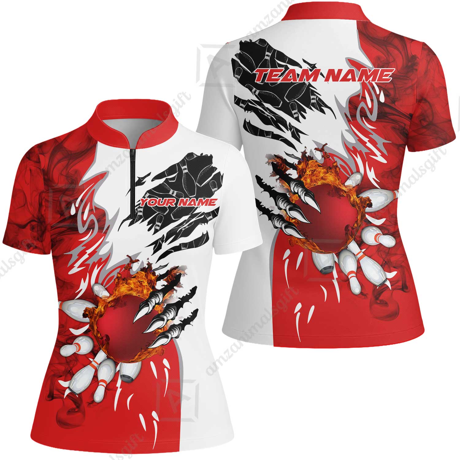 Customized Bowling Women Jersey Shirt, Bowling And Pins Plame Monster Hand Premium Multicolor Option Personalized Name And Team Zipper Polo Jerseys Shirts - Image 3
