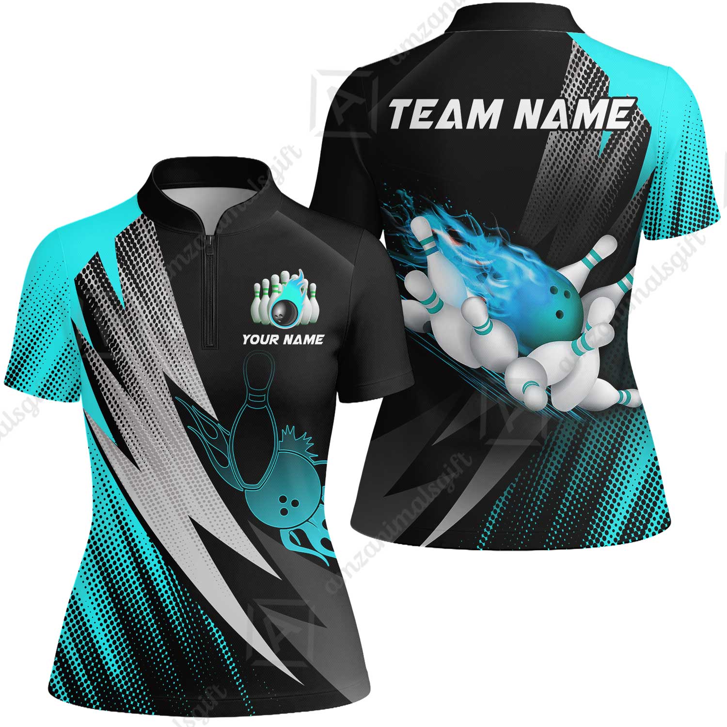 Customized Bowling Women Jersey Shirt, Bowling Ball And Pins Thunder Polka Dot Motifs Multicolor Option Customized Name And Team Polo Shirts - Image 4