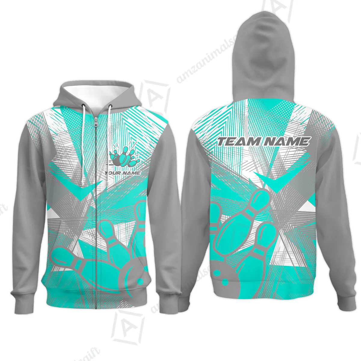 Customized Bowling Zip Hoodie, Bowling Ball And Pins Esports Pattern Zip Hoodie Uniform For Bowlers - Image 3