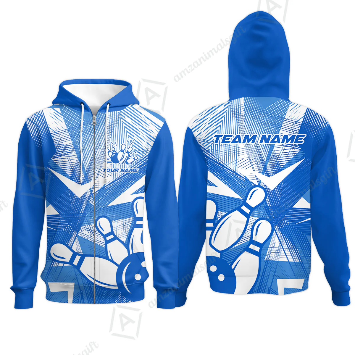 Customized Bowling Zip Hoodie, Bowling Ball And Pins Esports Pattern Zip Hoodie Uniform For Bowlers - Image 4