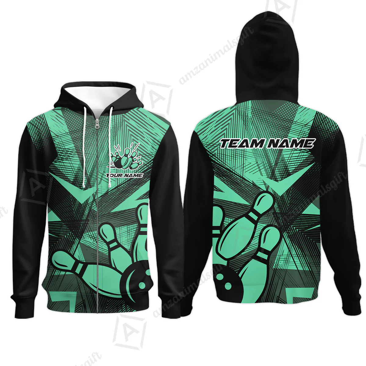 Customized Bowling Zip Hoodie, Bowling Ball And Pins Esports Pattern Zip Hoodie Uniform For Bowlers - Image 5