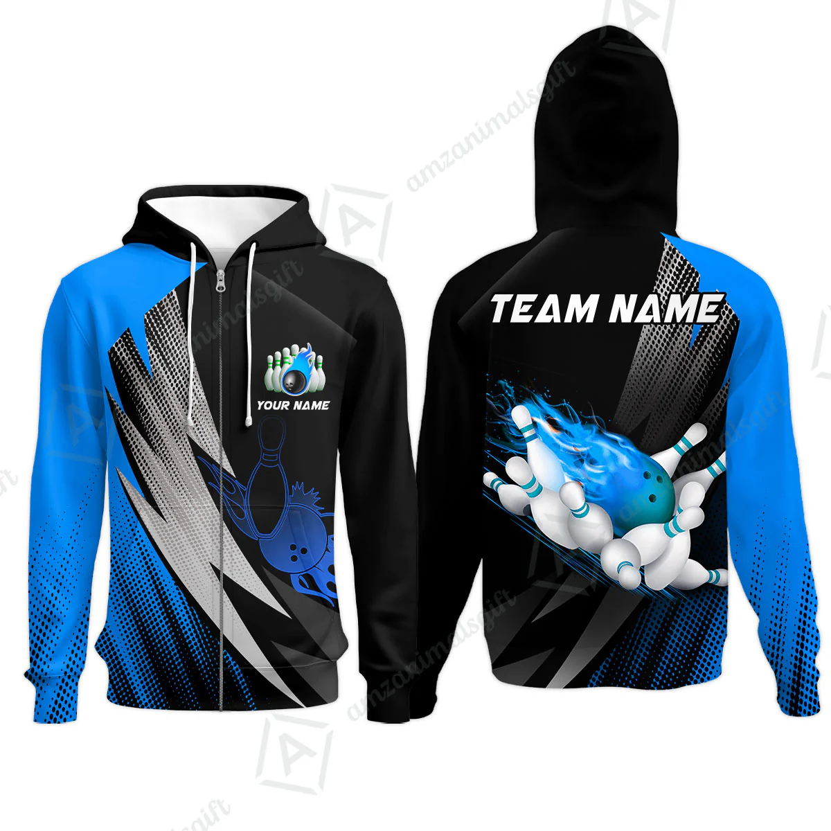 Customized Bowling Zip Hoodie, Bowling Ball And Pins Thunder Polka Dot Motifs Multicolor Option Customized Name And Team Polo Shirts - Image 2