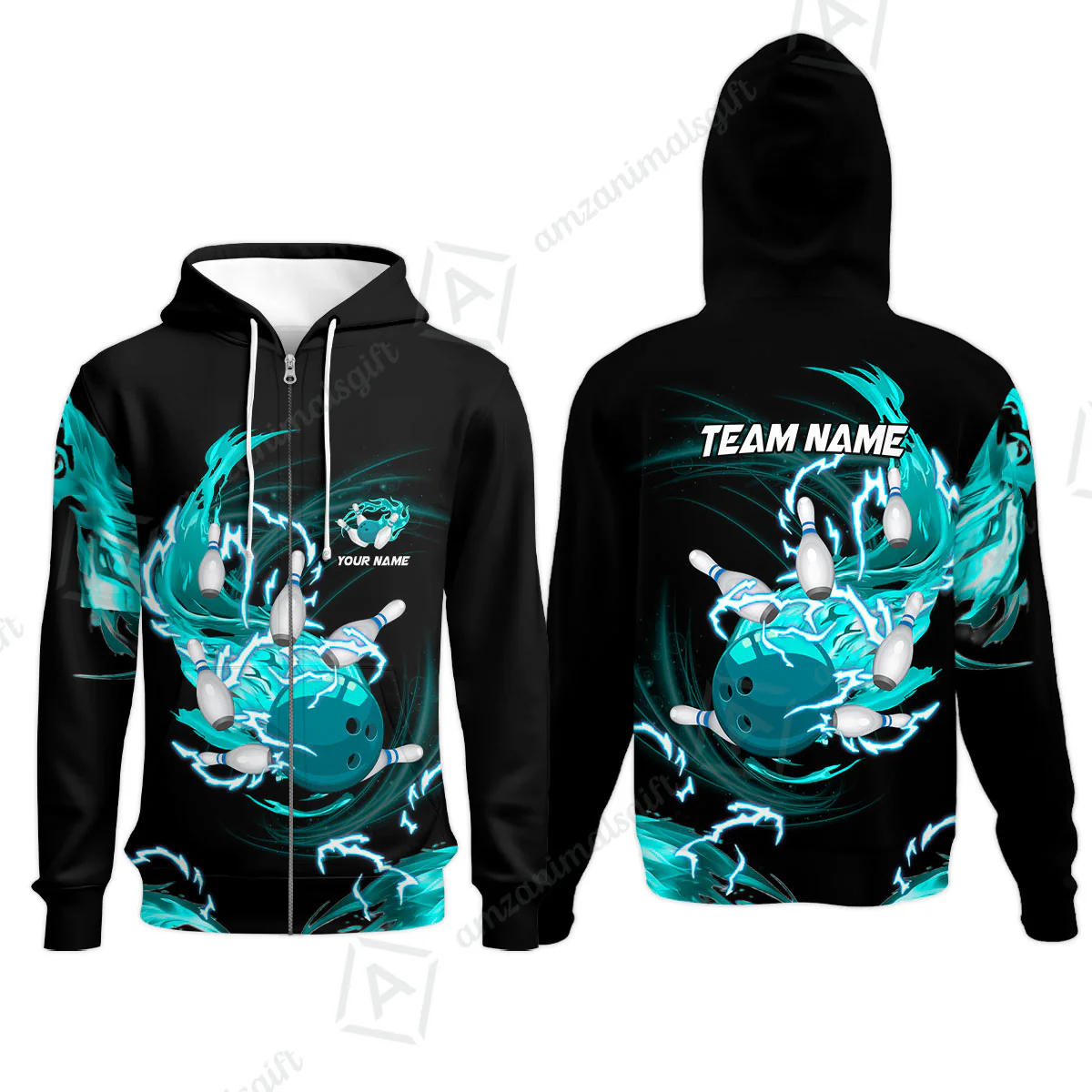 Customized Bowling Zip Hoodie, Bowling Ball & Pins Breath Of Thunder Flame Multicolor Option, Perfect Outfit For Bowlers - Image 2