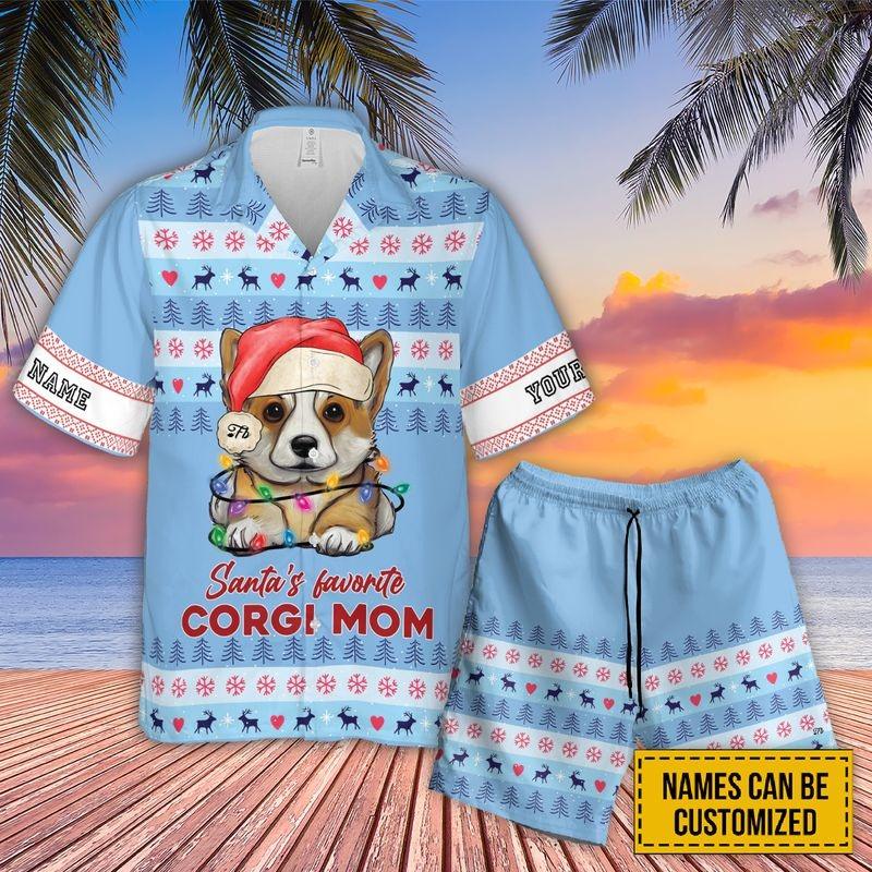 Customized Corgi Aloha Hawaiian Shirt - Santa's Favorite Corgi Mom Hawaiian Shirt, Cute Corgi Puppy Hawaiian Shirt For Men & Women, Christmas Gift