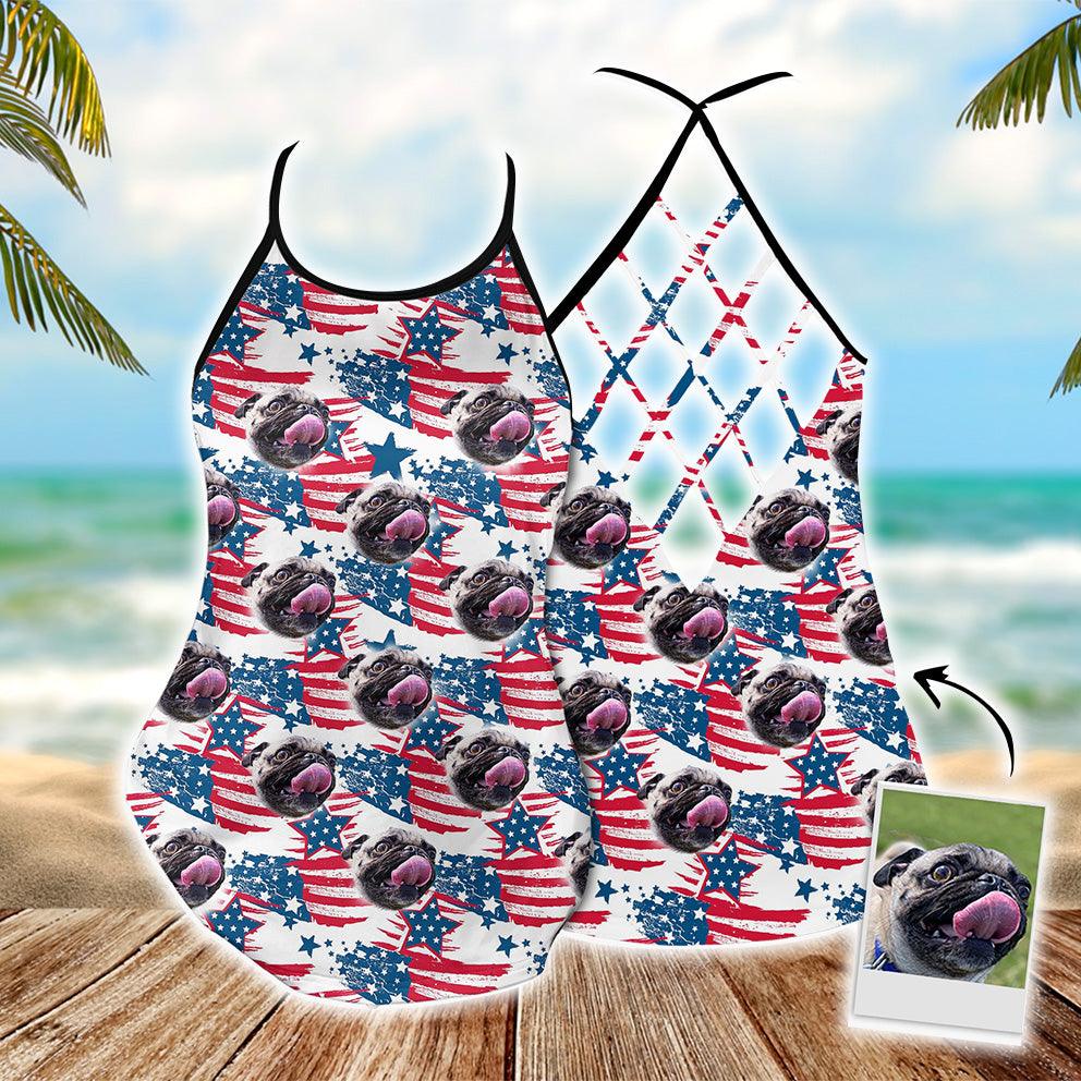 Customized Criss Cross Tank Top With Pet Face - American Flag Pattern Open Back Tank Top - Gift For Women, Pet Lovers, Puppy Lovers
