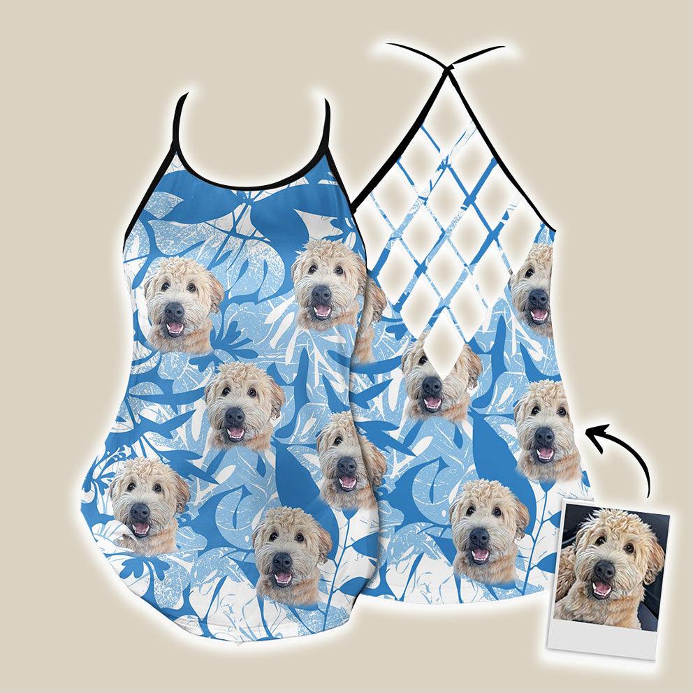 Customized Criss Cross Tank Top With Pet Face - Leaves & Flowers Pattern Blue Color Open Back Tank Top - Gift For Women, Pet Lovers, Puppy Lovers - Image 2