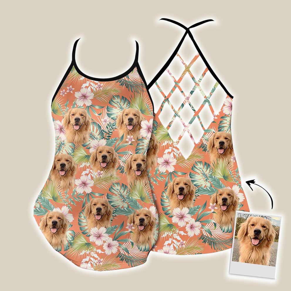 Customized Criss Cross Tank Top With Pet Face - Leaves & Flowers Pattern Carrot Color Open Back Tank Top - Gift For Women, Pet Lovers, Puppy Lovers