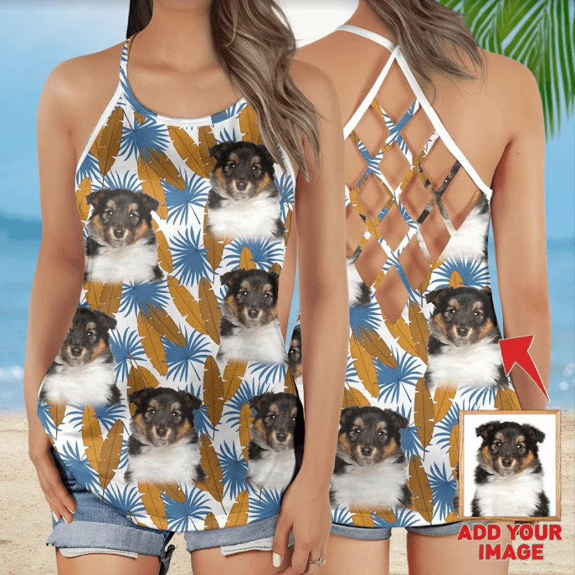 Customized Criss Cross Tank Top With Pet Face - Tropical Gold & Blue Leaves Open Back Tank Top - Gift For Women, Pet Lovers, Puppy Lovers - Image 3