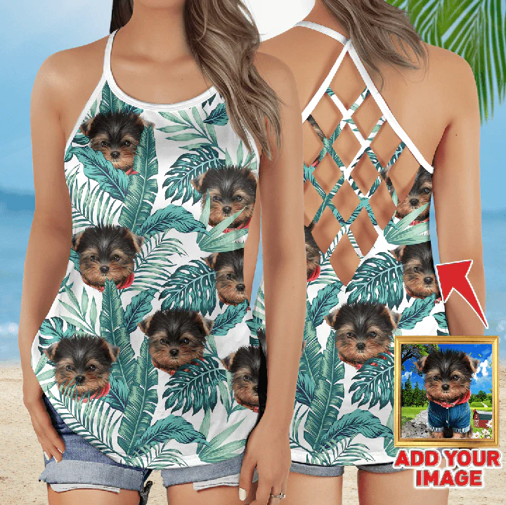 Customized Criss Cross Tank Top With Pet Face - Tropical Leaves Open Back Tank Top - Gift For Women, Pet Lovers, Puppy Lovers - Image 4