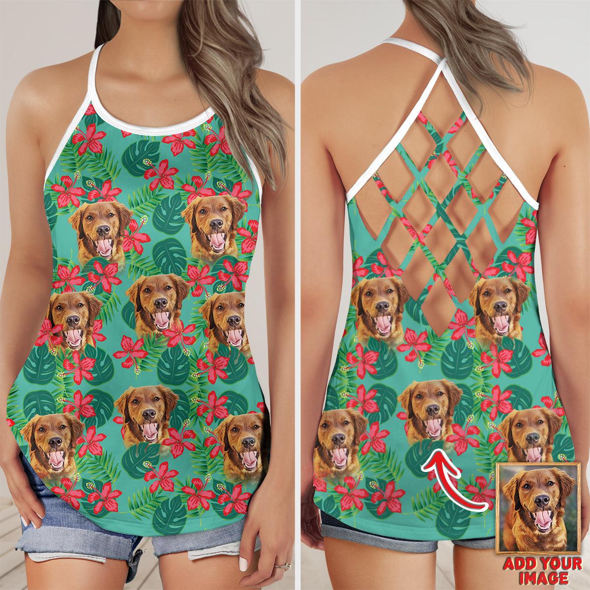 Customized Criss Cross Tank Top With Pet Face - Tropical Monstera Leaves & Flowers Pattern Mint Color Open Back Tank Top - Gift For Women, Pet Lovers - Image 3