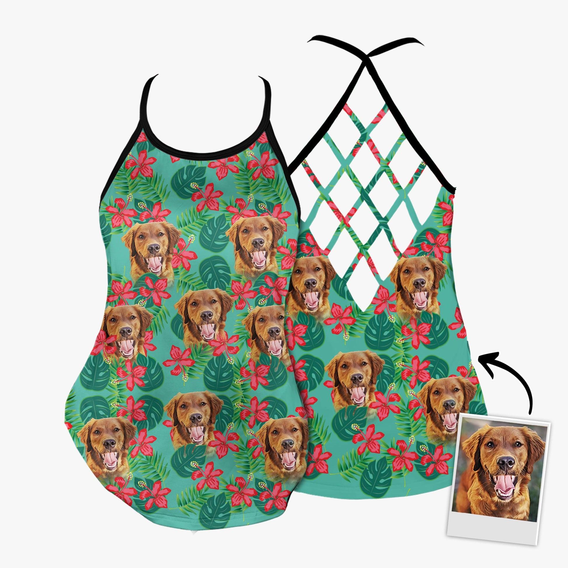 Customized Criss Cross Tank Top With Pet Face - Tropical Monstera Leaves & Flowers Pattern Mint Color Open Back Tank Top - Gift For Women, Pet Lovers - Image 4