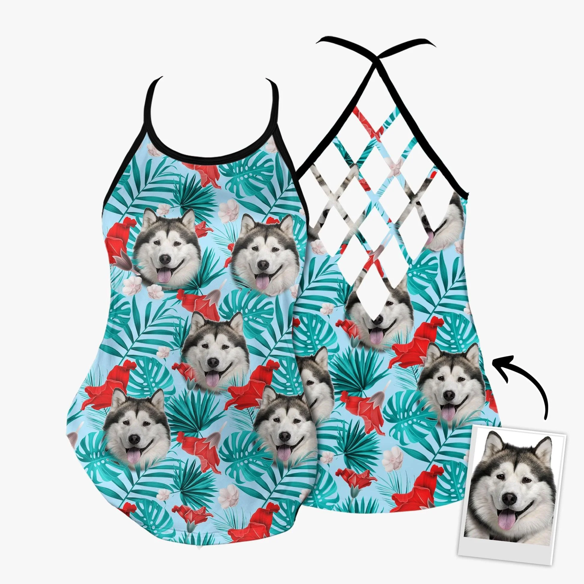 Customized Criss Cross Tank Top With Pet Face - Tropical Summer, Red Hibiscus Flowers Open Back Tank Top - Gift For Women, Pet Lovers - Image 5