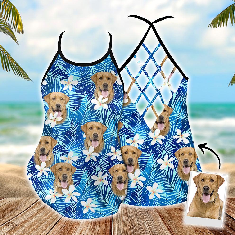 Customized Criss Cross Tank Top With Pet Face - Tropical Summer White Plumeria, Leaves Criss Cross Open Back Tank Top - Gift For Women, Pet Lovers