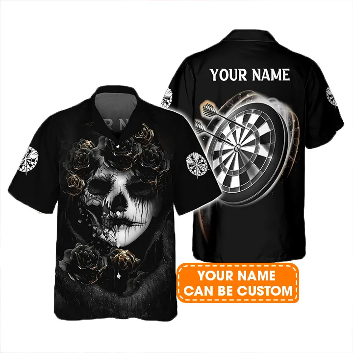 Customized Darts Aloha Hawaiian Shirt, Skull Art Dartboard Hawaiian Shirt, Skull Girl Personalized Name Hawaiian Shirt For Men & Women, Darts Lover - Image 2