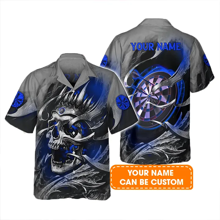 Customized Darts Aloha Hawaiian Shirt - Skull Hawaiian Shirt, Blue Dartboard Personalized Name Hawaiian Shirt For Men & Women, Darts Lover - Image 2