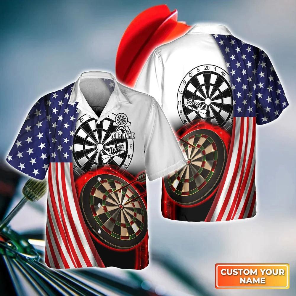 Customized Darts Hawaiian Shirt, American Flag Dartboard, Personalized Name Hawaiian Shirt For Men - Perfect Gift For Darts Lovers, Darts Players