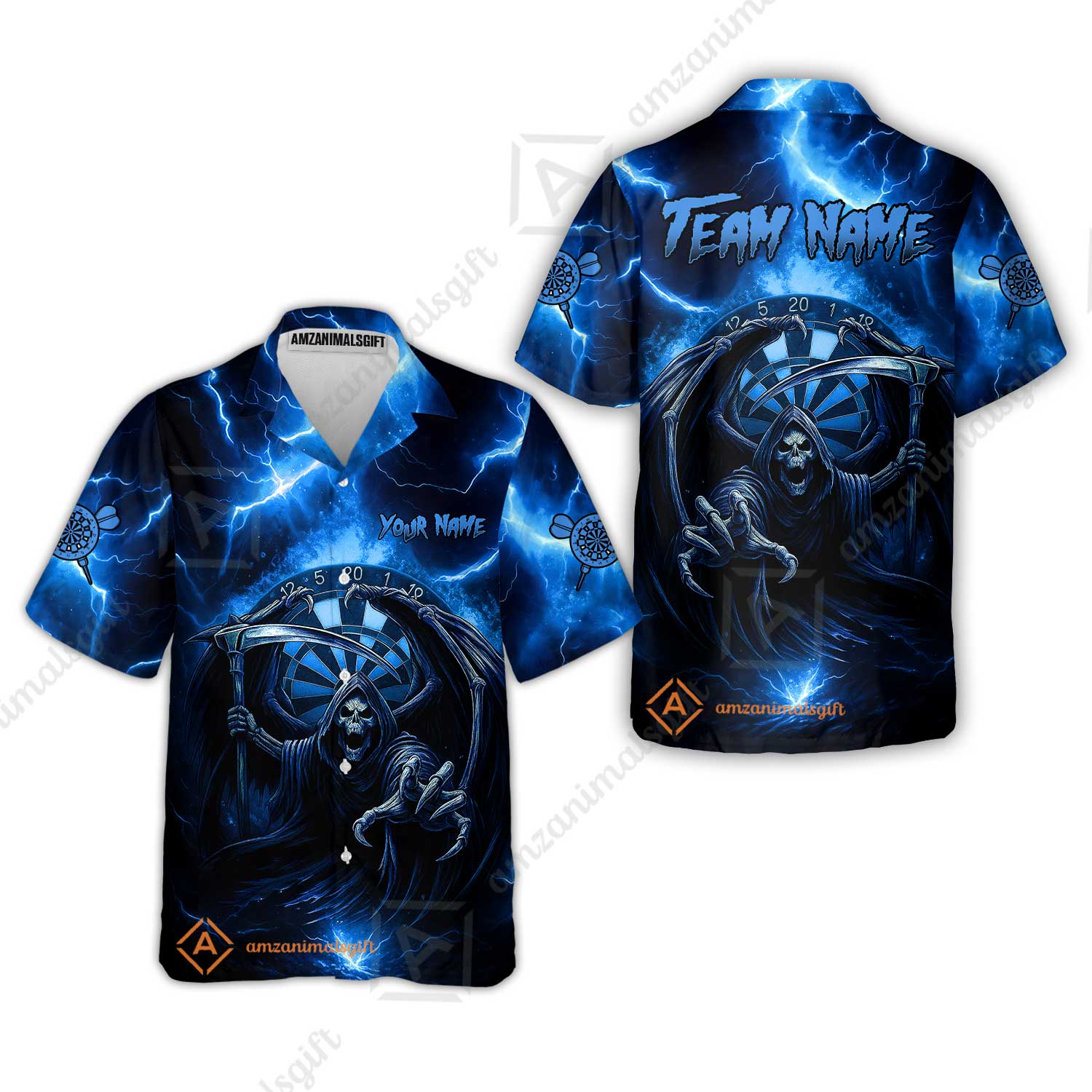 Customized Darts Hawaiian Shirt, Darts Grim Reaper Thunder Lightning Turquoise And Blue Team Jersey For Darts Player - Image 2