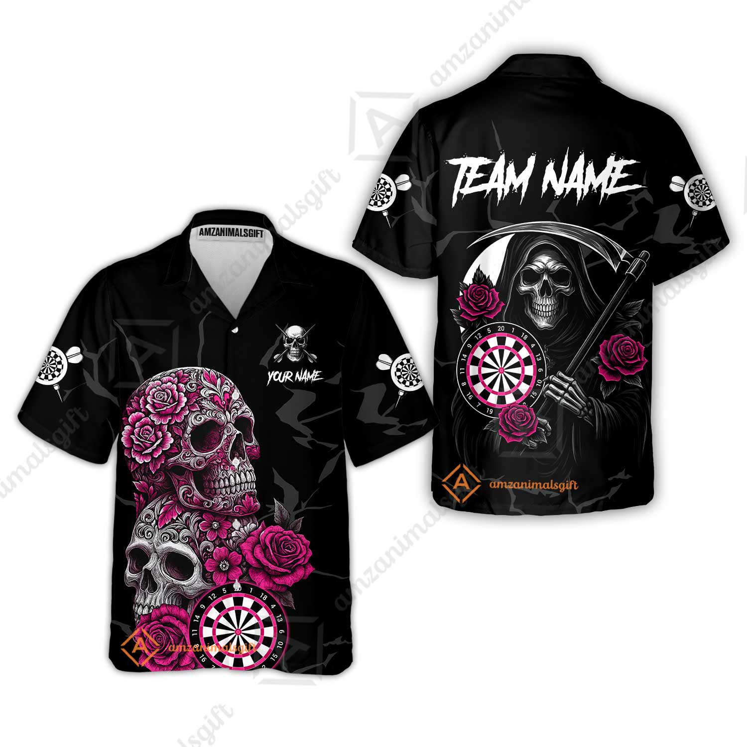 Customized Darts Hawaiian Shirt, Darts Turquoise Skull Roses Dartboard Hawaiian Shirt Style Jersey for Darts Players - Image 3