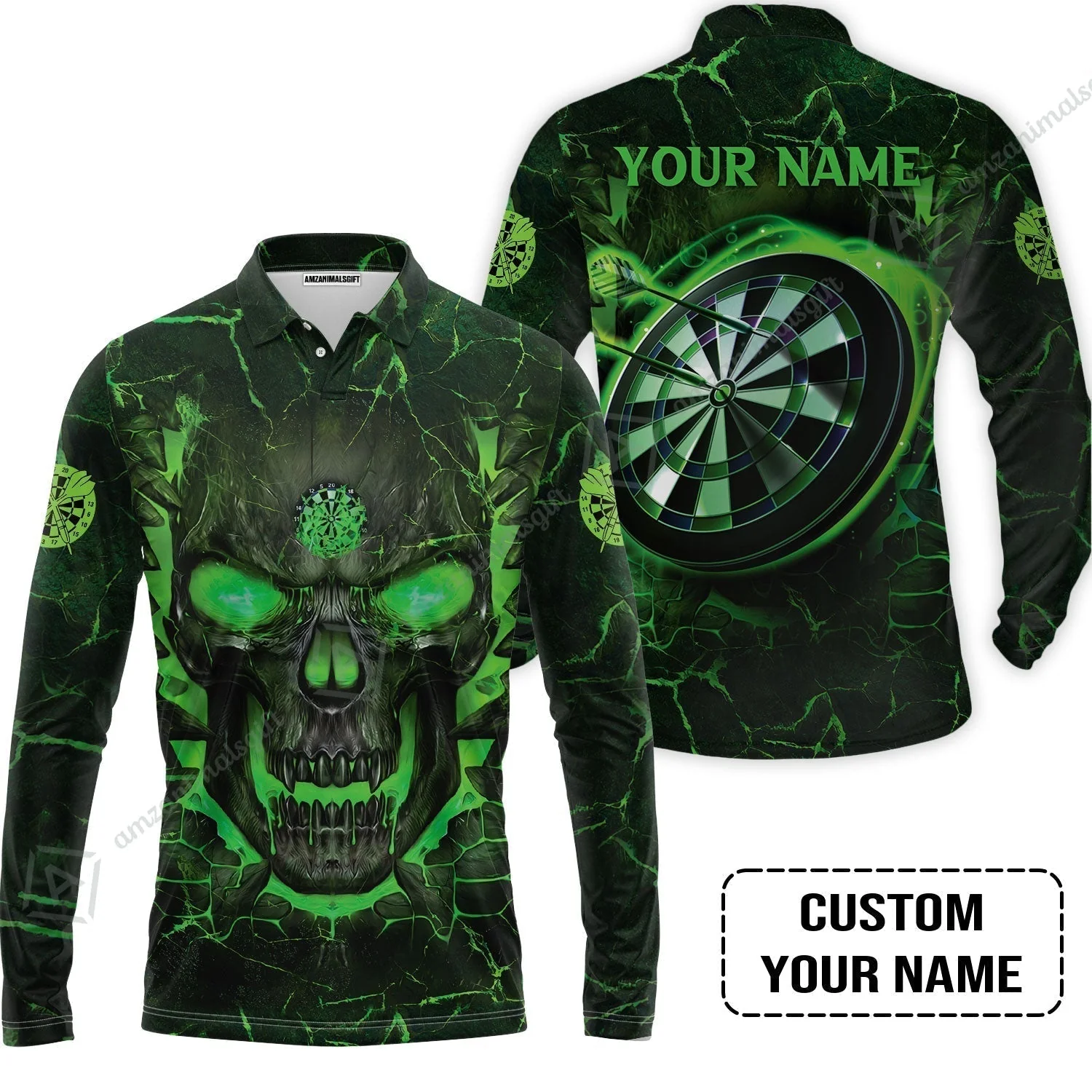 Customized Darts Hawaiian Shirt, Flame Green Skull Dartboard Personalized Skull And Darts Hawaiian Shirt - Image 6