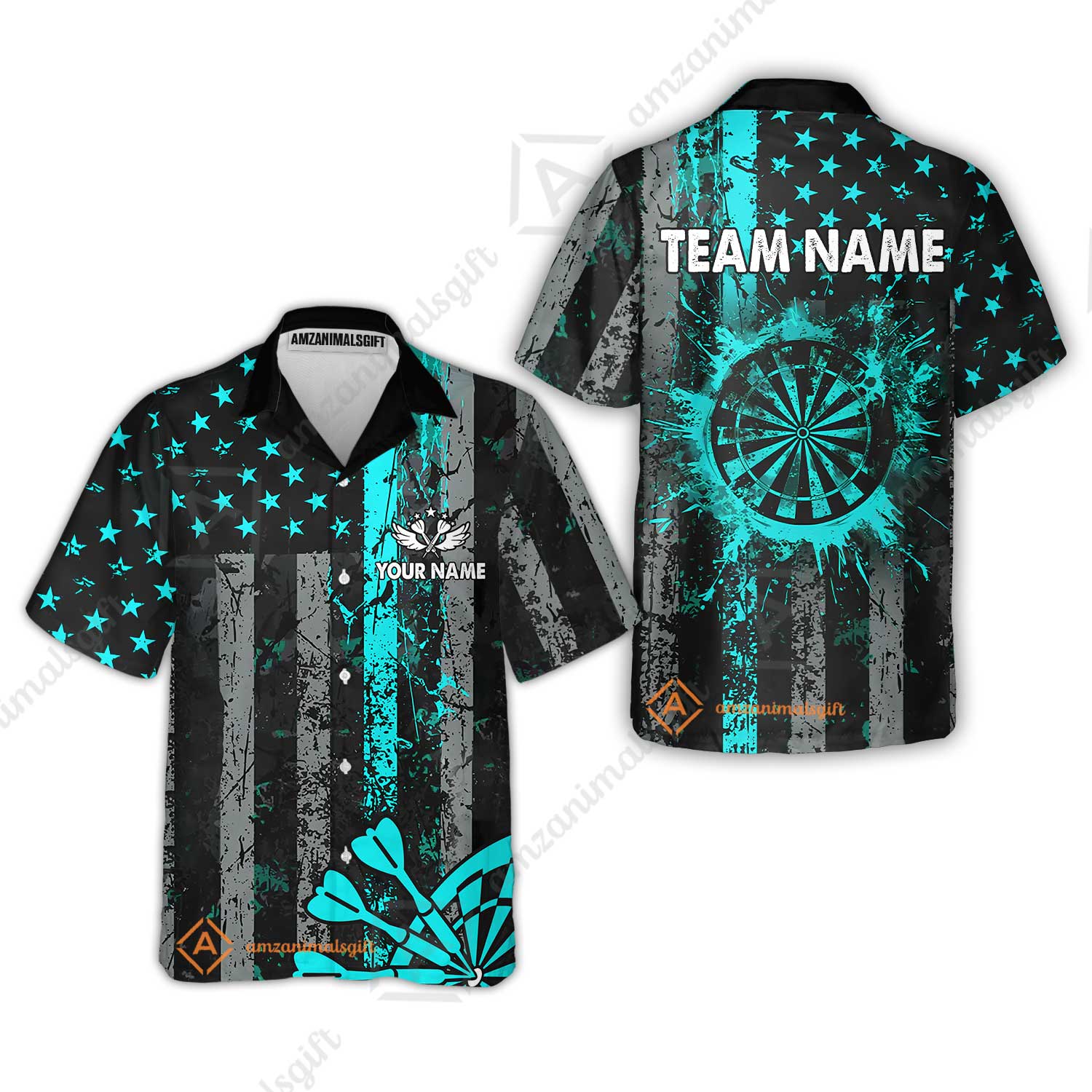 Customized Darts Hawaiian Shirt, Turquoise Grunge US Flag Patriotic Darts Hawaiian Shirt Jersey for Darts Players - Image 5