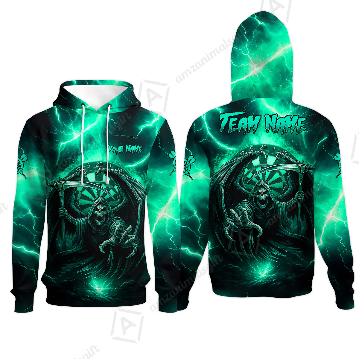 Customized Darts Hoodie, Darts Grim Reaper Thunder Lightning Turquoise And Blue Team Jersey For Darts Player - Image 2