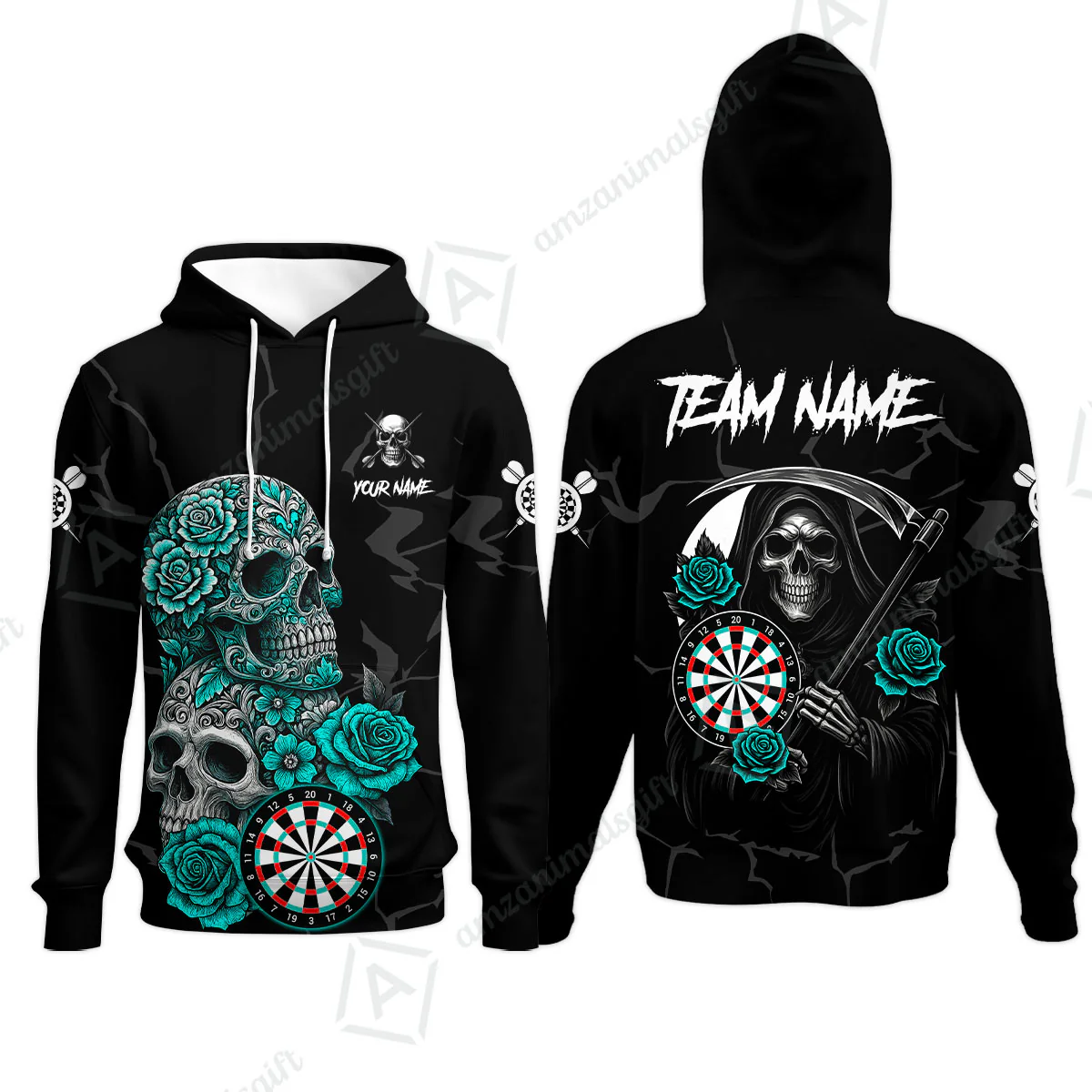 Customized Darts Hoodie, Darts Turquoise Skull Roses Dartboard Hoodie Style Jersey for Darts Players - Image 2
