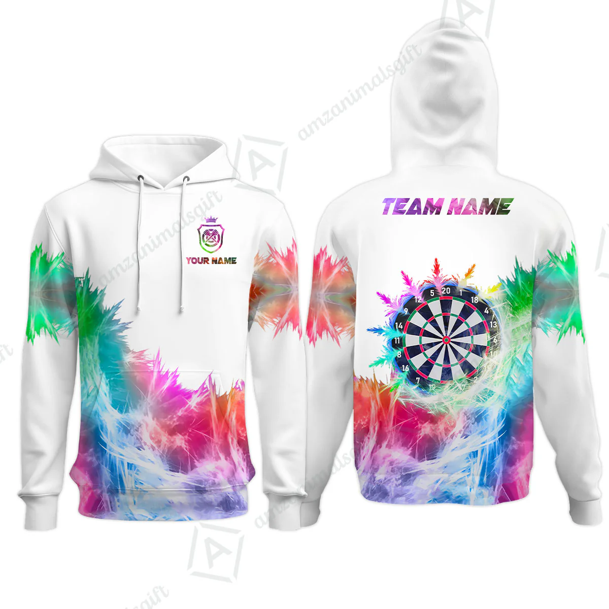 Customized Darts Hoodie, Darts Icy Light White And Multi Color Team Hoodie Jersey For Darts Player - Image 2