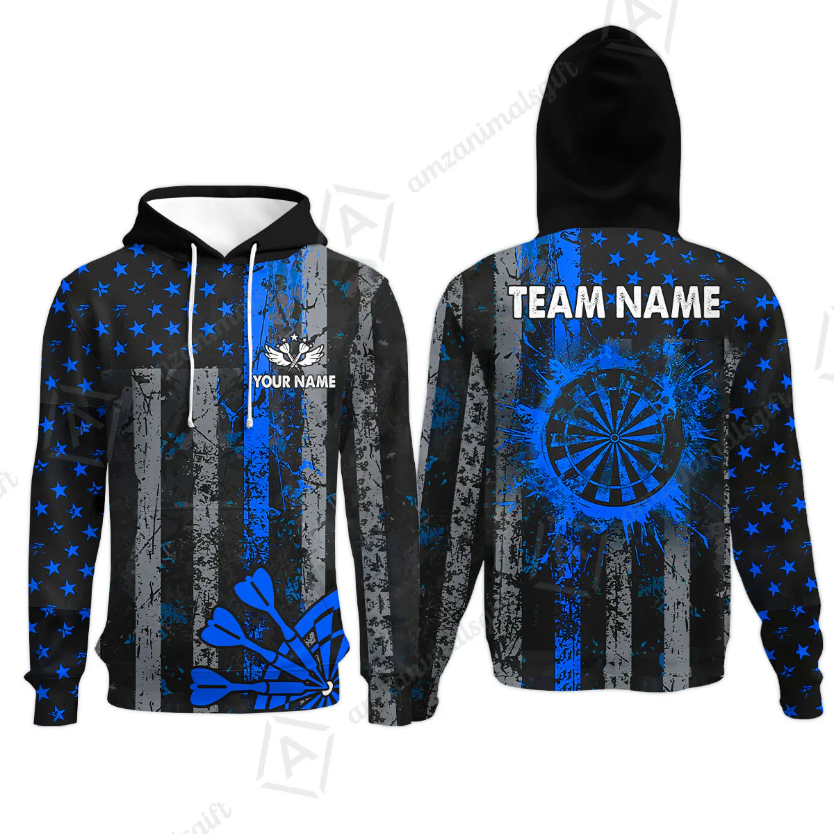 Customized Darts Hoodie, Turquoise Grunge US Flag Patriotic Darts Hoodie Jersey for Darts Players - Image 4