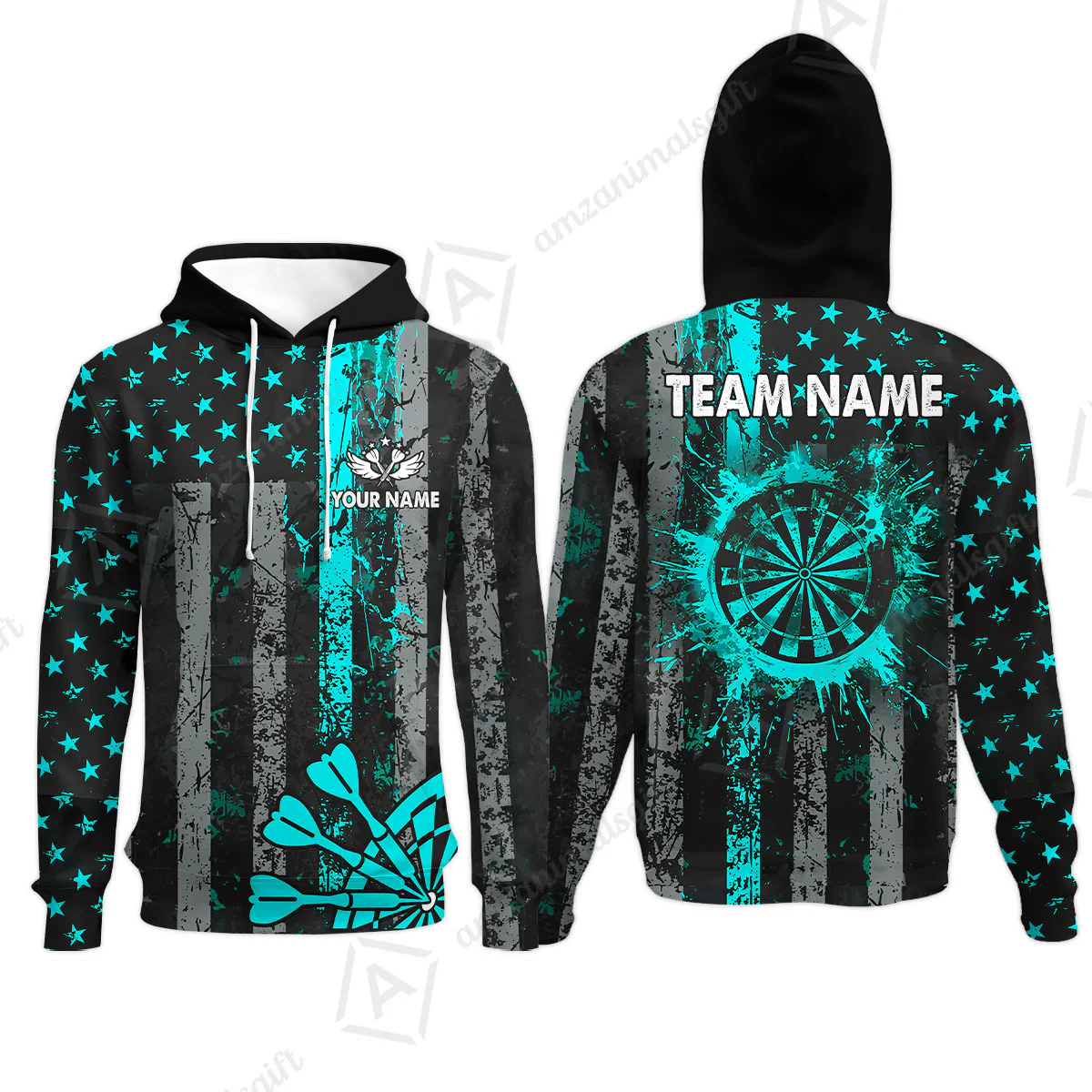 Customized Darts Hoodie, Turquoise Grunge US Flag Patriotic Darts Hoodie Jersey for Darts Players - Image 6