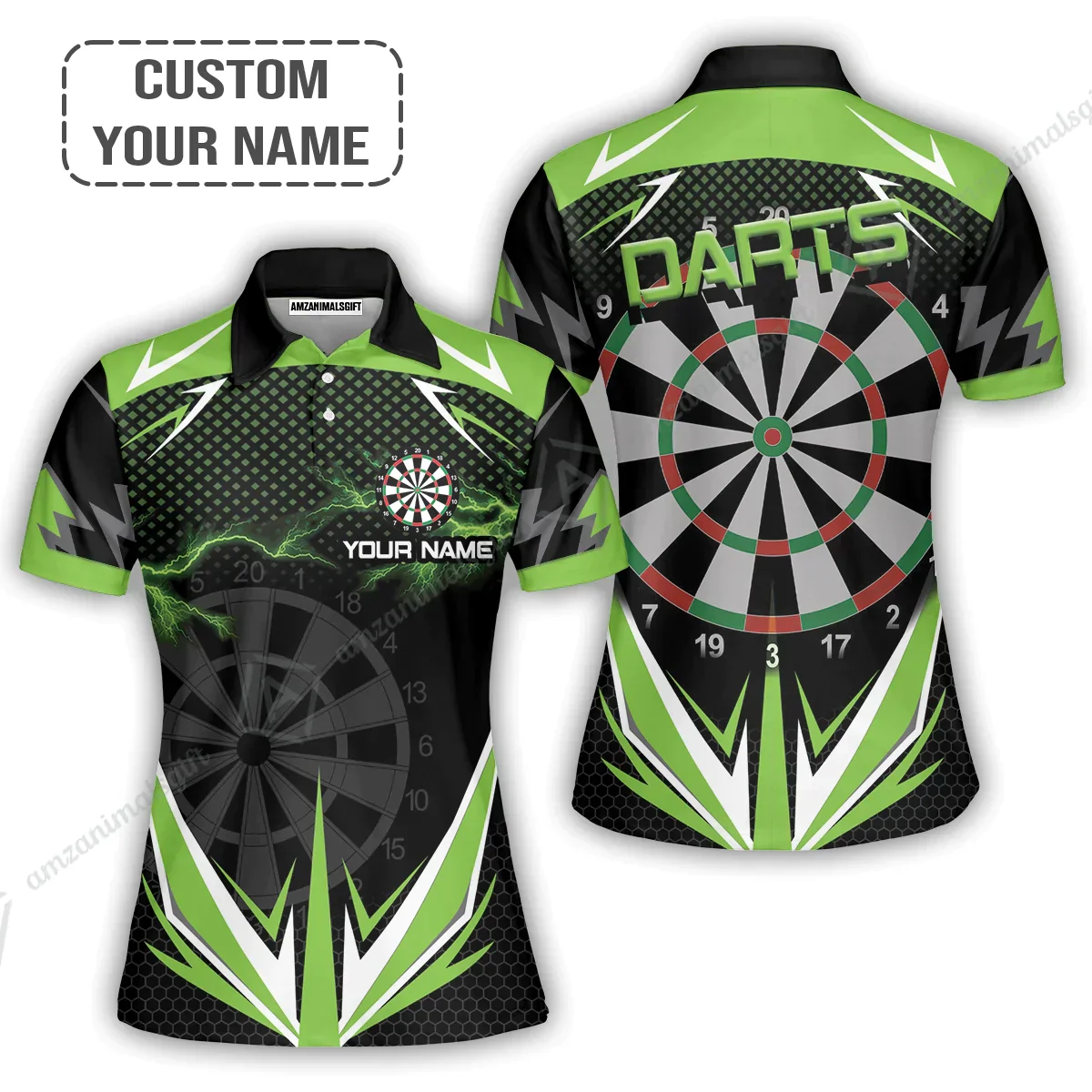 Customized Darts Long Polo Shirt, Green Darts Lightning Personalized Name Polo Shirt, Outfits For Darts Lovers, Darts Players - Image 3