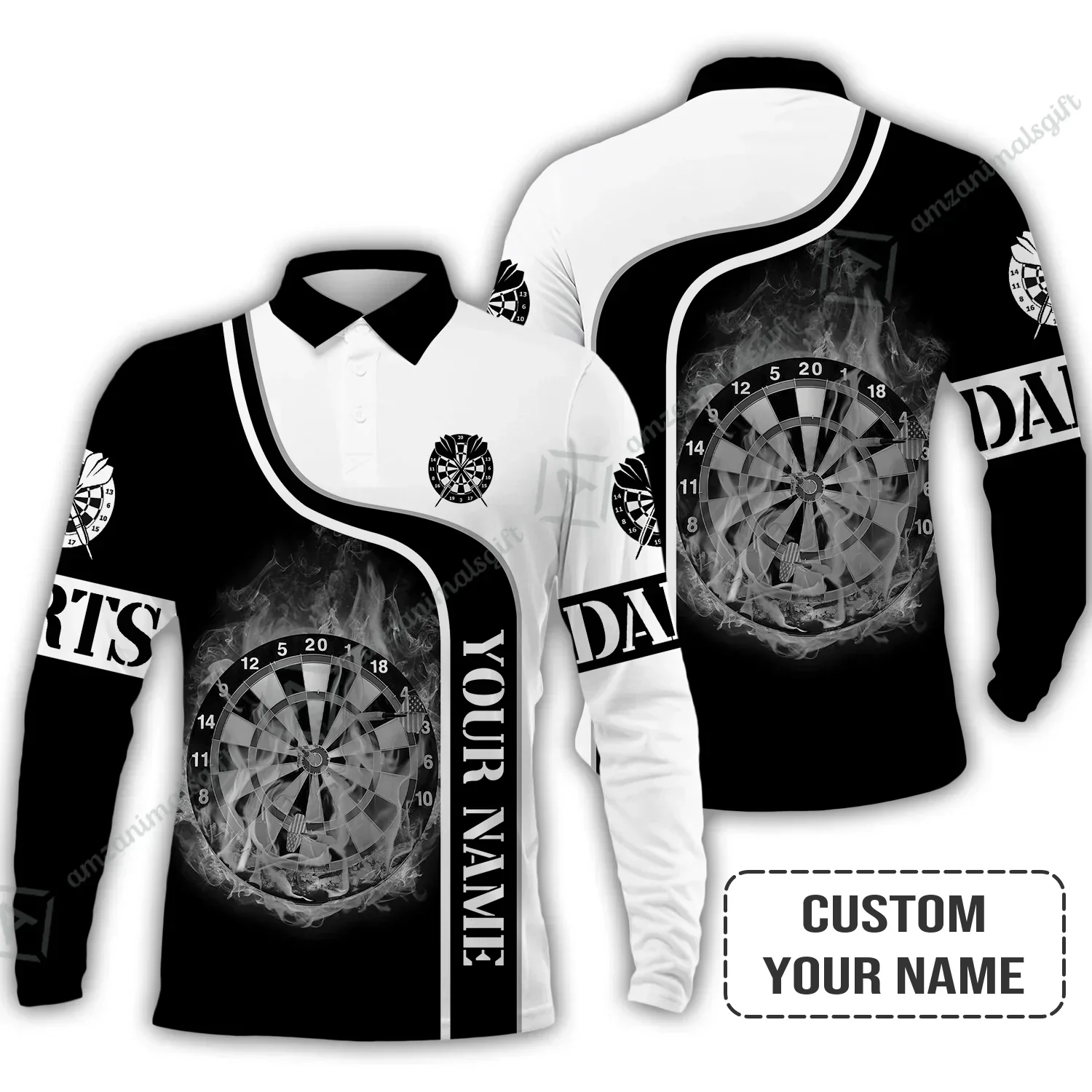 Customized Darts Long Polo Shirt, Personalized Darts Black And White Polo Shirt For Men And Women, Outfit For Darts Lovers, Darts Players - Image 2